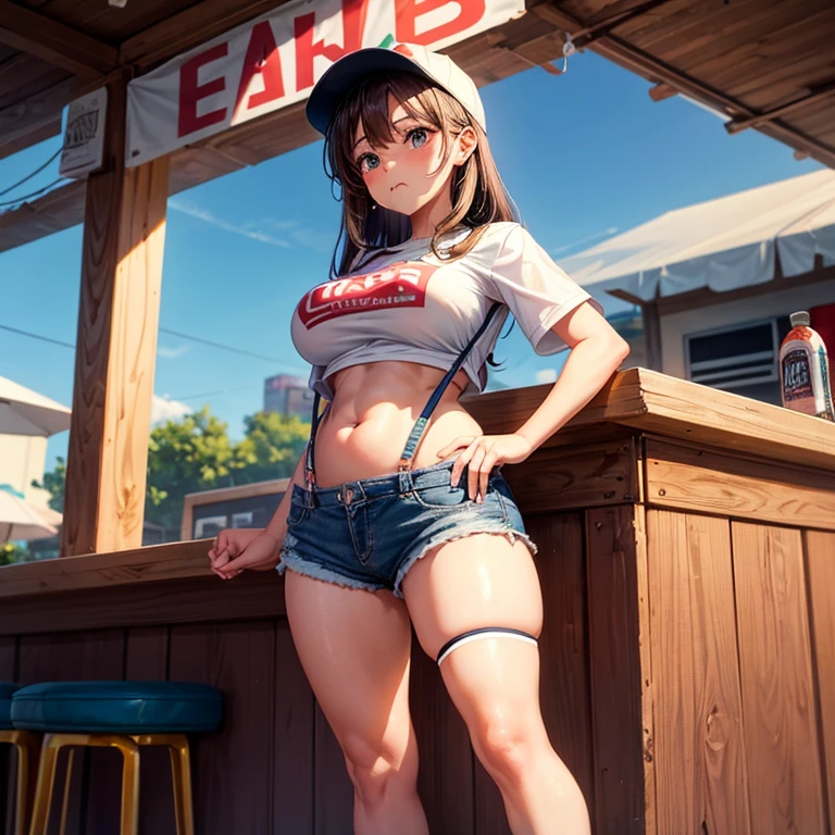 Girl eating tacos at a bar　Wear sneakers　High leg low rise shorts with suspenders　Large Breasts　Showing your belly button　　Knee-high socks　　No underwear　Belt on chest　There&#39;s a glass of tequila