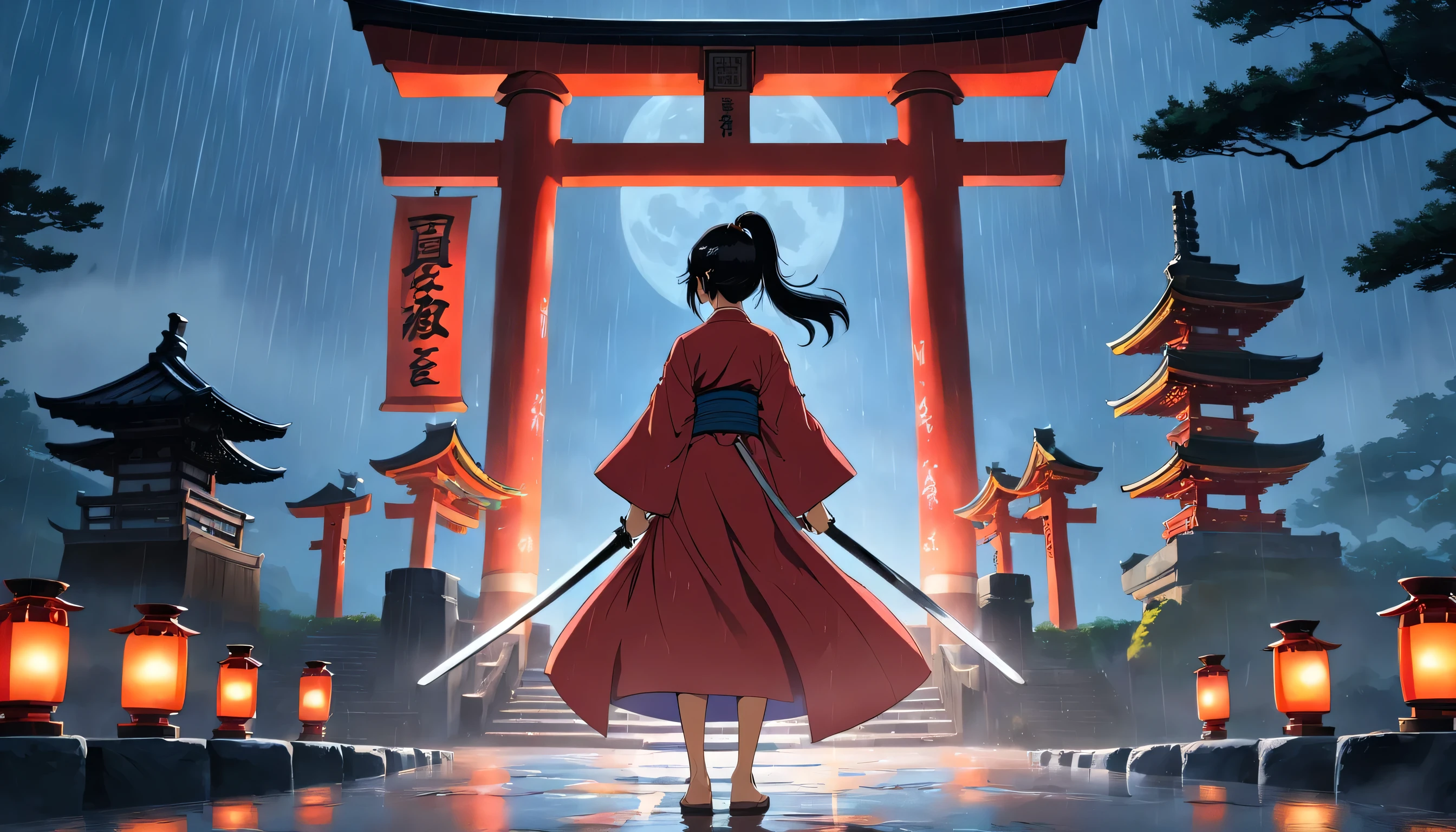 big movements, One female samurai, black ponytail hair, in front of torii gate of shrine, (swords in both hands) full body shot, (back shot)Bad weather and rain,Illuminated by the crescent moon, night, countless lanterns