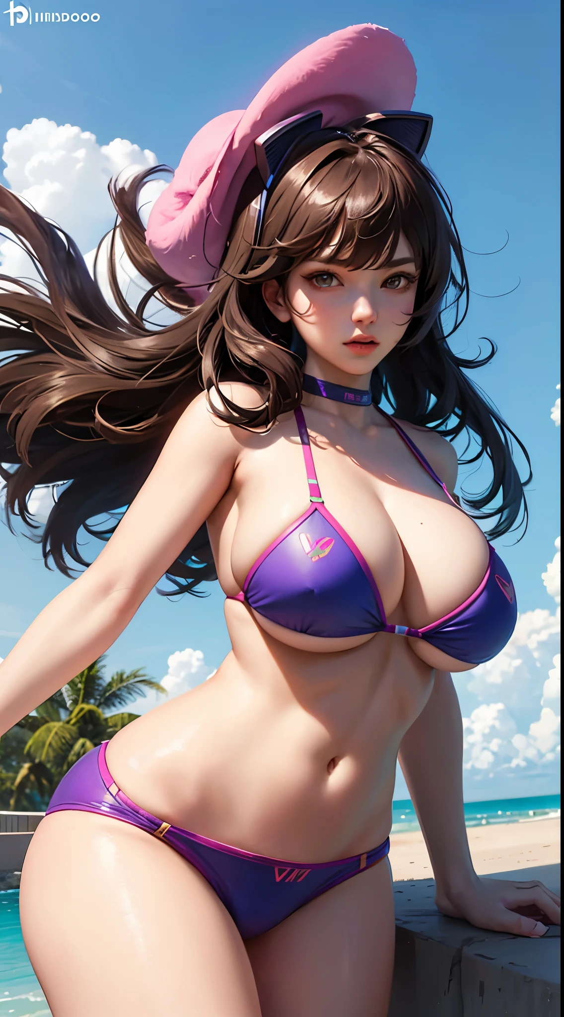D-va overwatch, nue (huge tits), Haut du corps, abdos, bikini comme s'ils n'existaient pas, deserted beach, gros seins, gigantesque seins, 4K ultra UHD, mains parfaites, cing doigts, yeux parfaits, bikini dentelle rouge