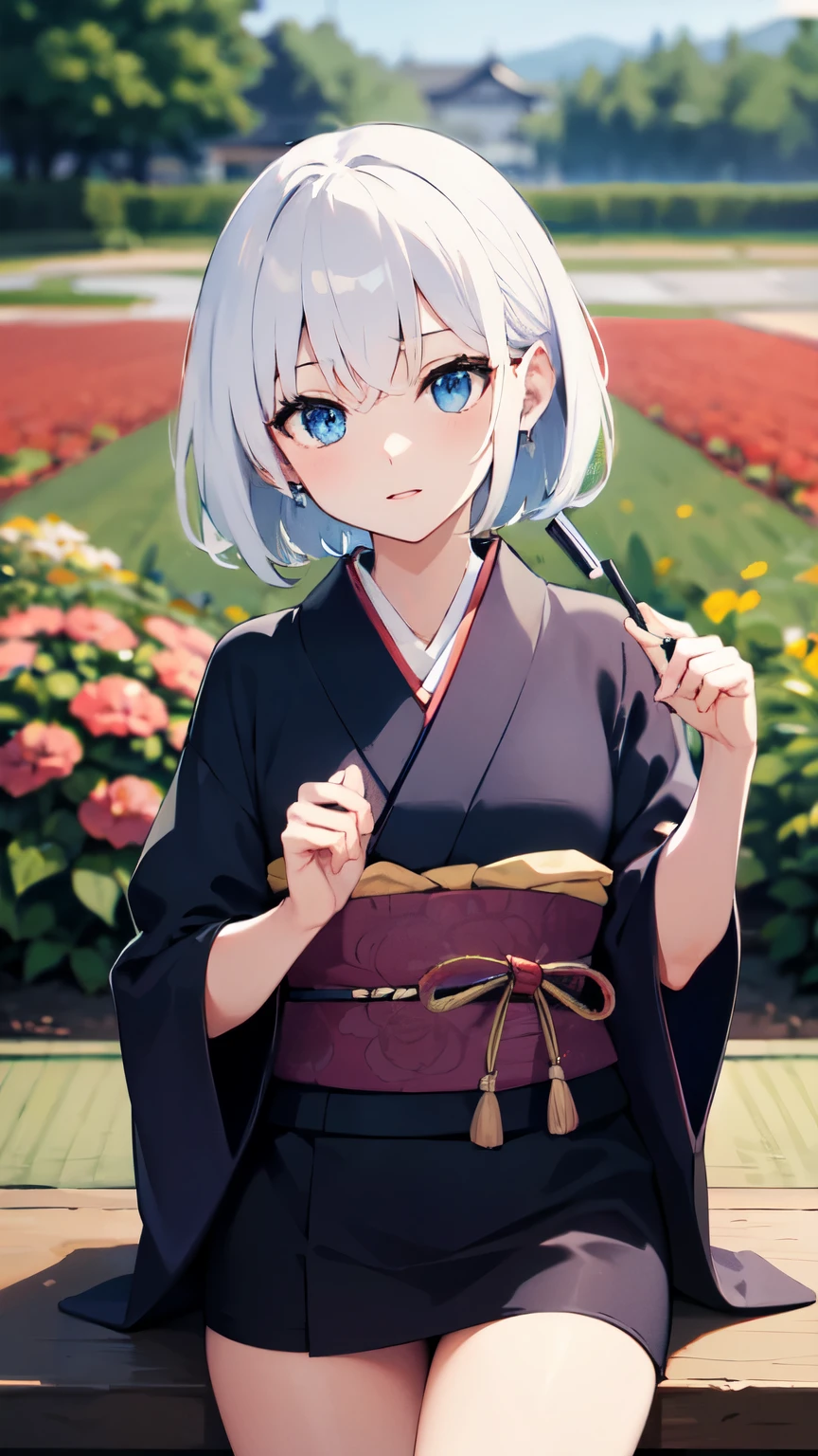 1Lady, short white hair, blue eyes, wearing Kimono, flower fields, high res, ultrasharp, 8K, masterpiece, looking at viewer, traditional japanese, absurdres