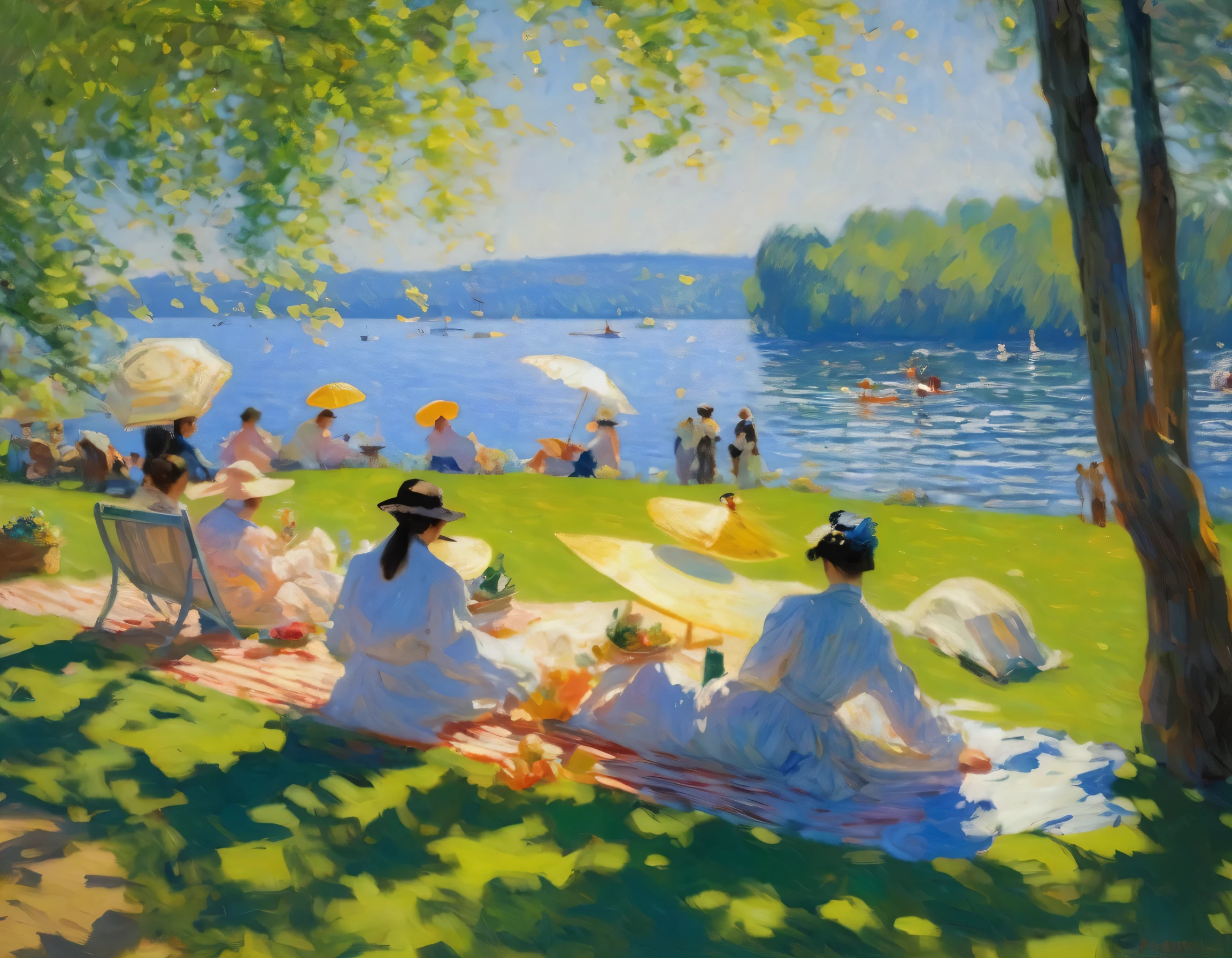 People enjoying sunbathing々,Lakeside,early summer,(Monet&#39;s style AND Renoir&#39;s style),The best composition,Optimal color balance,Master&#39;s work,18th century France,１８People wearing French clothing from the 19th century々,BREAK,Man taking a nap,BREAK,Colorful yachts on the lake,BREAK,Families,BREAK,Expressing the soft light of sunlight filtering through the trees,rendering,masterpiece,oil,Impressionist painting,Fine details,Intricate details,Beautiful light and shadow,The best masterpiece,Brush strokes characteristic of oil tools,Delicate and beautiful expression of light,Wide range of colors,Demonstrate a rich range of expression,Careful coloring,Generally in detail,A beautiful early summer landscape painting.