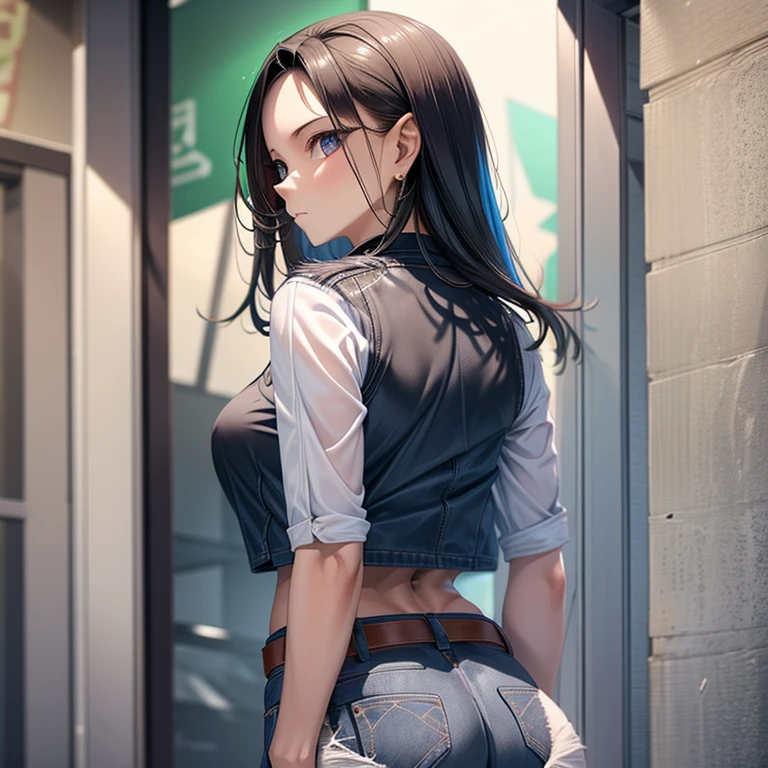 Cowboy Shot, a girls with their tops up and shorts down at the subway station, 1girl, shorts, high heels, denim, bag, ass, denim shorts, black shirt, from behind, thighhighs, shirt