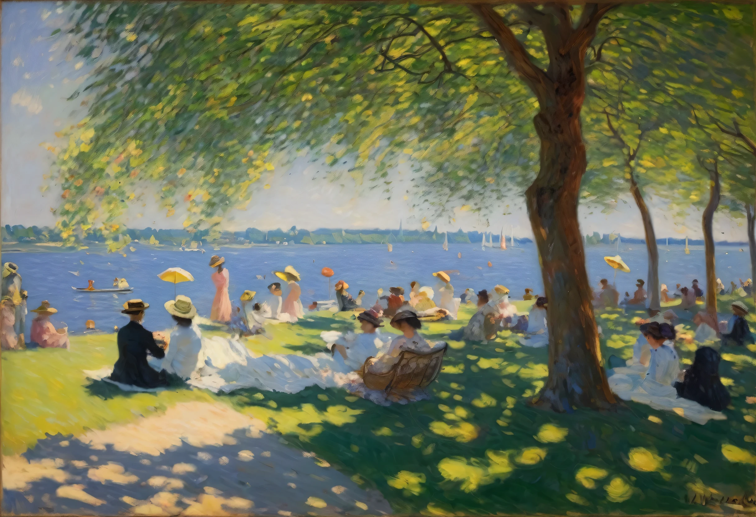 Lakeside,100 people,((People enjoying sunbathing々)),(Monet's style AND Renoir's style),The best composition,Optimal color balance,Master's work,18th century France,18People wearing French clothing from the 19th century々,BREAK,Man taking a nap,BREAK,Colorful yachts on the lake,,BREAK,Families,BREAK,Expressing the soft light of sunlight filtering through the trees with dots,rendering,masterpiece,oil,Impressionist painting,Fine details,Intricate details,Beautiful light and shadow,The best masterpiece