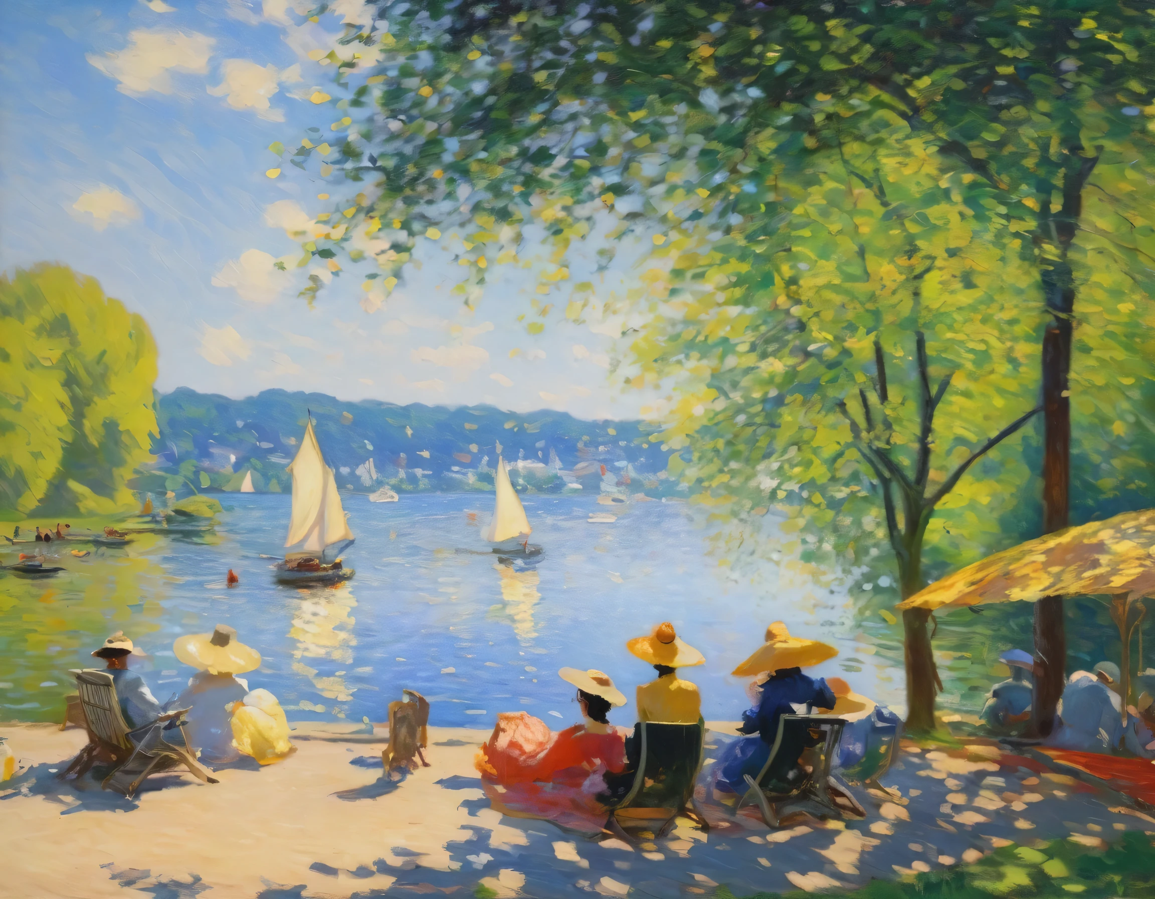 People enjoying sunbathing々,Lakeside,early summer,(Monet&#39;s style AND Renoir&#39;s style),The best composition,Optimal color balance,Master&#39;s work,18th century France,１８People wearing French clothing from the 19th century々,BREAK,Man taking a nap,BREAK,Colorful yachts on the lake,BREAK,Families,BREAK,Expressing the soft light of sunlight filtering through the trees,rendering,masterpiece,oil,Impressionist painting,Fine details,Intricate details,Beautiful light and shadow,The best masterpiece,Brush strokes characteristic of oil tools,Delicate and beautiful expression of light,Wide range of colors,Demonstrate a rich range of expression,Careful coloring,Generally in detail,A beautiful early summer landscape painting.