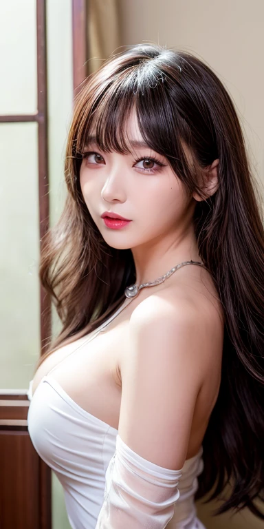 Canon RF 85mmf/1.2,masutepiece,Best Quality,超A high resolution,tu,1 girl,(Korean mixed,Kpop Idol:1.2),Solo,white_shiny_skin,Black eyes,Necklace,brown_long_Wavy_hair,Red lipstick bright_shiny_Lips,Eyelashes,Bangs,deal,make - up,shiny,Pore,skin texture,Bracelet,off shoulders,See-through,Big breasts