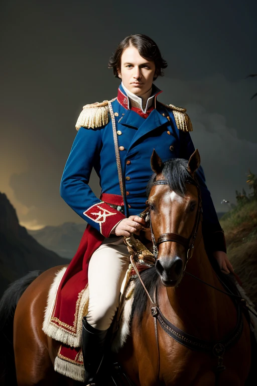 ((highest quality)), ((masterpiece)), (detailed), Napoleon Bonaparte on horseback,portrait of napoleon bonaparte, dramatic lighting, intense expression, semi-realistic render