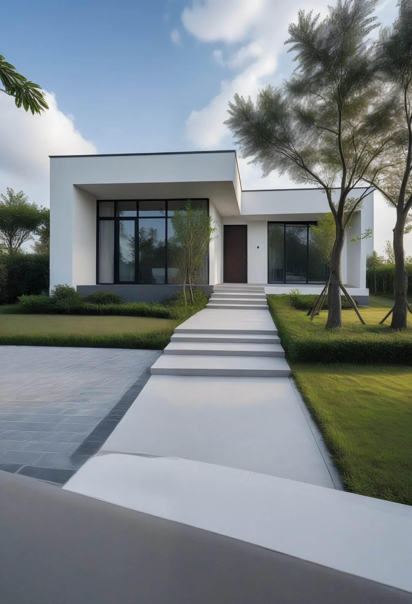 Raw photo,Masterpiece, high quality, best quality, authentic, super detail,
outdoors, onestoreyvillaXL, aiaigroup, house style modern on the street ,stairs, white wall
road,pavement, grass, trees, sky, cloud, (daylight:1.1)