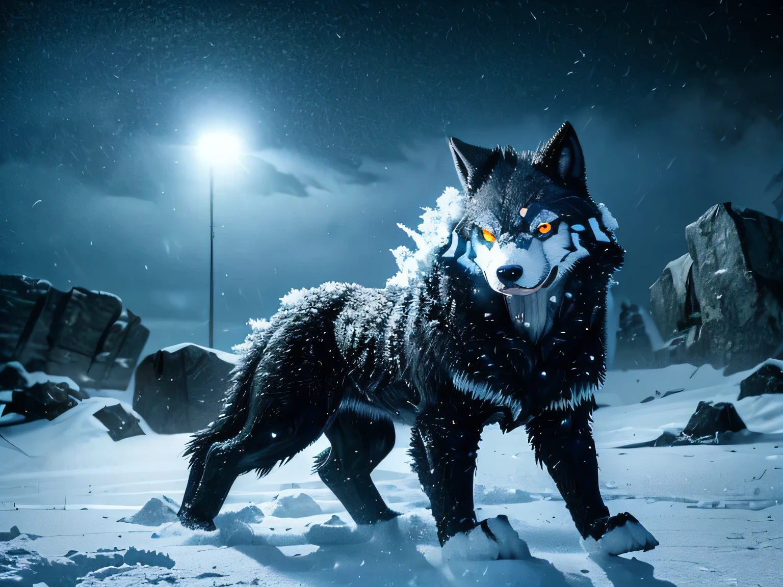 ((Fenrir:1.2)), ((One Wolf:1.1)), ((Snow field:1.1)), ((Blizzard:1.3)), (Huge body), ((midnight:1.3)), (Restrained by chain:1.2), ((Black body hair:1.2)), ((Looking at viewers:1.3)),
