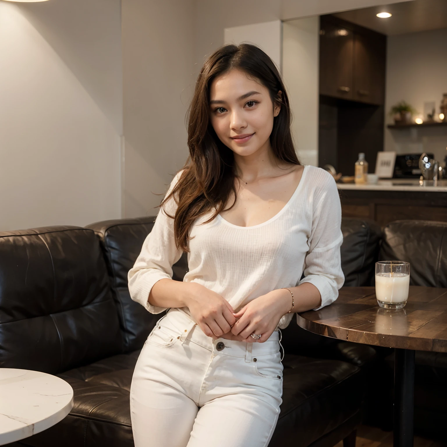 A stunningly cute 22-year-old Asian woman with smooth, glowing skin, long silky black hair, and sparkling brown eyes. She is wearing a stylish WHITE JEANS, AND WHITE SHIRT. She is sitting in a luxurious coffee shop with elegant furnishings, plush seating, and a beautifully designed interior. Her smile is warm and inviting, exuding youthful energy and charm. The background includes sophisticated decor, soft ambient lighting, and a serene, upscale atmosphere