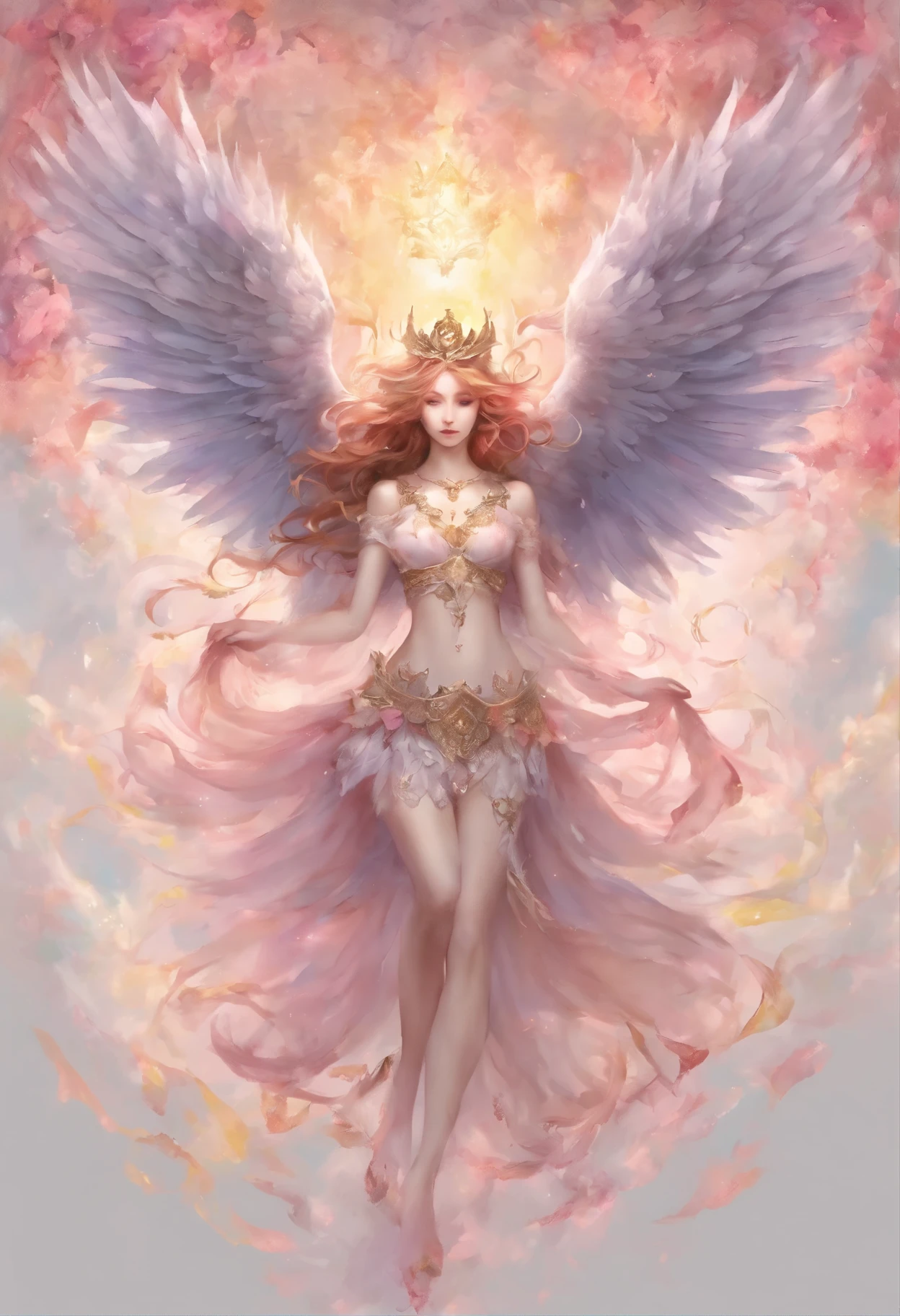 a female angel with white wings, long red hair, green eyes, very beautiful, sensual, in a transparent nightgown, thick lips with red lipstick, thin waist, wide hips, thick legs, bare belly, smiling, full body, super detailed , ultra realistic, 4K, anime style, background with mountains and blue sky with grassland, sensual dynamic pose, body covered with dew, reflection of lights in hair and dew, gemstone necklace, gold and ruby bracelet, sparkling earrings, lightly makeup, nails painted red, pink blush on the cheeks, eyes with eyeliner, eyelashes, lightly made-up eyes, dew drops on the body, wet body, gold navel piercing, golden sandals braided to the cinnamon, flower garden in the background with rays in the sun, wearing ruby and gold tiara, ((golden tribal tattoo)), big breasts with ruffled beak, (((tattooed body))) --auto --s2