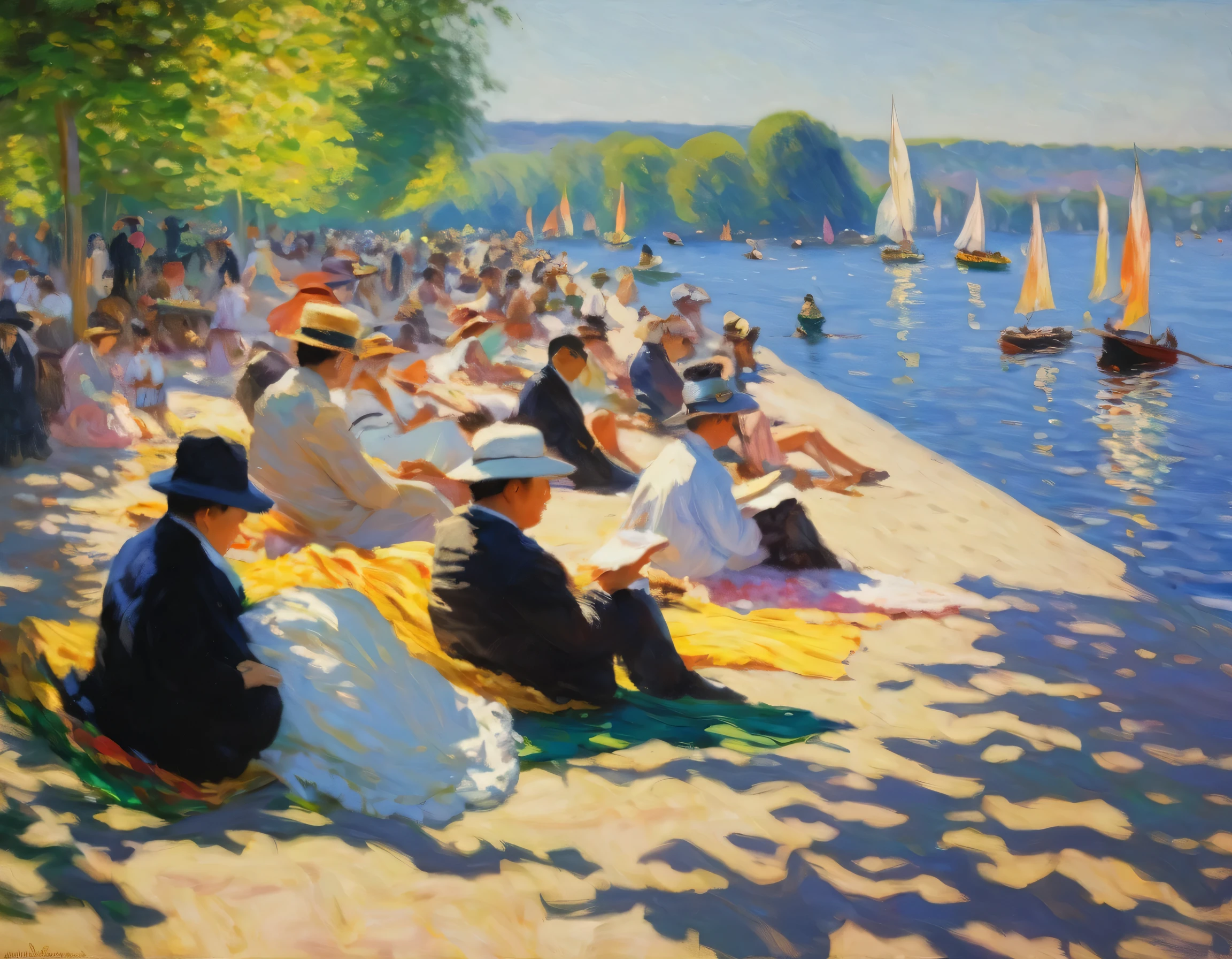 People enjoying sunbathing々,Lakeside,100 people,(Monet&#39;s style AND Renoir&#39;s style),The best composition,Optimal color balance,Master&#39;s work,18th century France,１８People wearing French clothing from the 19th century々,BREAK,Man taking a nap,BREAK,A woman holding a parasol,BREAK,Families,BREAK,Expressing the soft light of sunlight filtering through the trees,rendering,masterpiece,oil,Impressionist painting,Fine details,Intricate details,Beautiful light and shadow,The best masterpiece