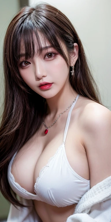 Canon RF 85mmf/1.2,masutepiece,Best Quality,超A high resolution,tu,1 futanari girl,(Korean mixed,Kpop Idol:1.2),Solo,white_shiny_skin,Black eyes,Necklace,brown_long_Wavy_hair,Red lipstick bright_shiny_Lips,Eyelashes,Bangs,deal,make - up,shiny,Pore,skin texture,Bracelet,off shoulders,See-through,Big breasts and futanari