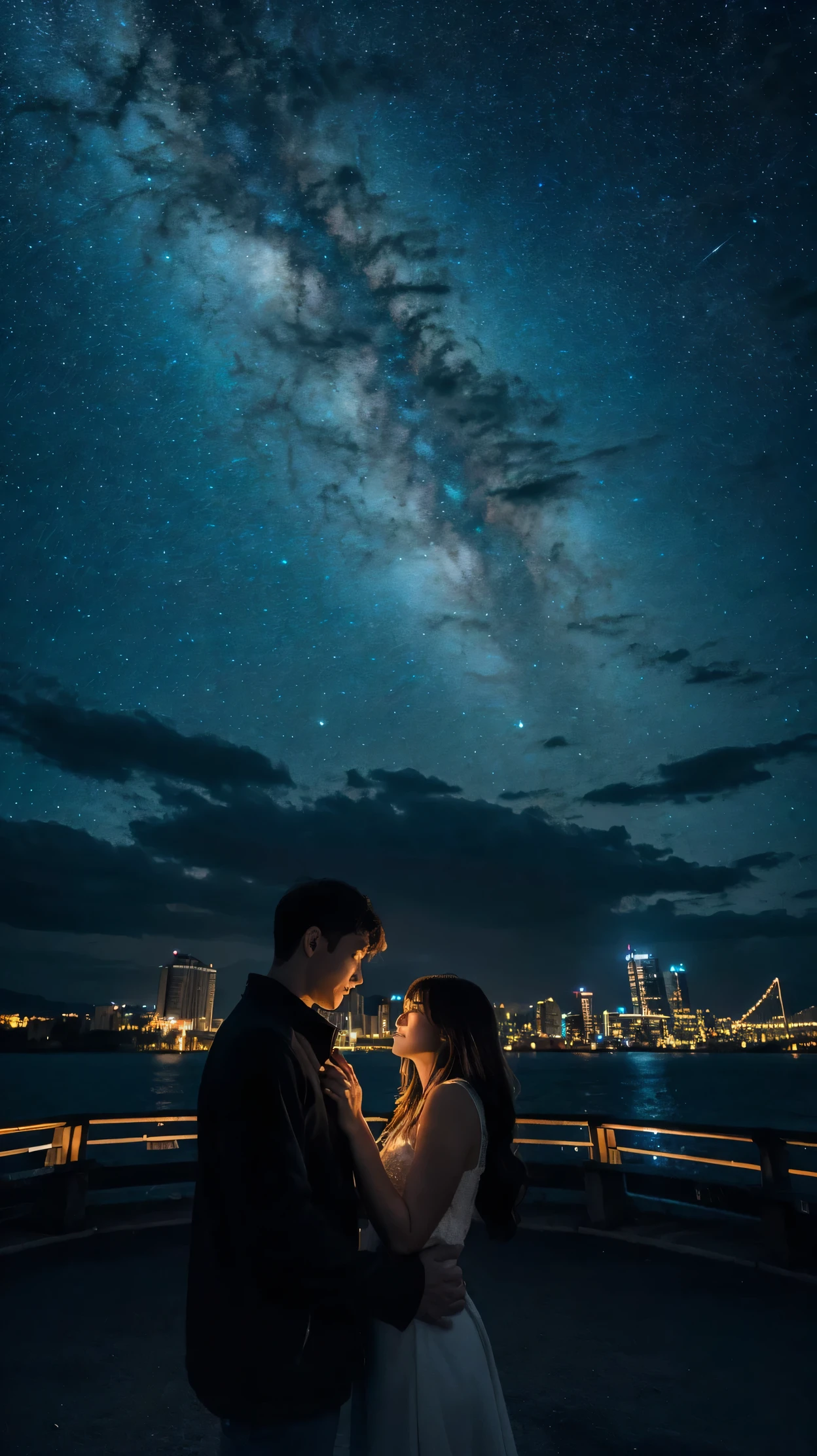A couple stands against the backdrop of the night sky, creating a beautifully romantic scene adding an air of mystery to the romantic scene, the night sky and city lights, (Raw photo, highest quality), (8K, highest quality, masterpiece: 1.2), Super detailed, super resolution