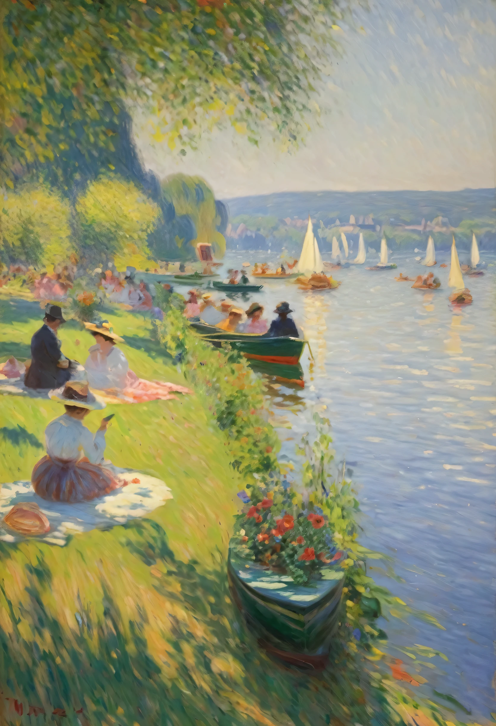 Lakeside,100 people,((People enjoying sunbathing々)),(Monet's style AND Renoir's style),The best composition,Optimal color balance,Master's work,18th century France,18People wearing French clothing from the 19th century々,BREAK,Man taking a nap,BREAK,A woman holding a parasol,BREAK,Families,BREAK,Expressing the soft light of sunlight filtering through the trees,rendering,masterpiece,oil,Impressionist painting,Fine details,Intricate details,Beautiful light and shadow,The best masterpiece