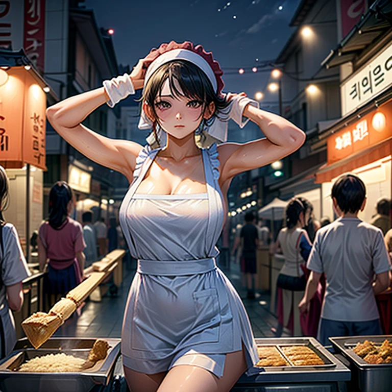 A woman with a towel wrapped around her head making a large amount of tempura at a night market in Korea highest quality Wearing an apron