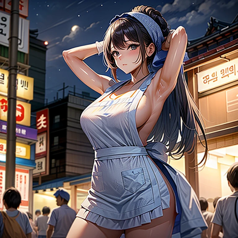 A woman with a towel wrapped around her head making a large amount of tempura at a night market in Korea highest quality Wearing an apron