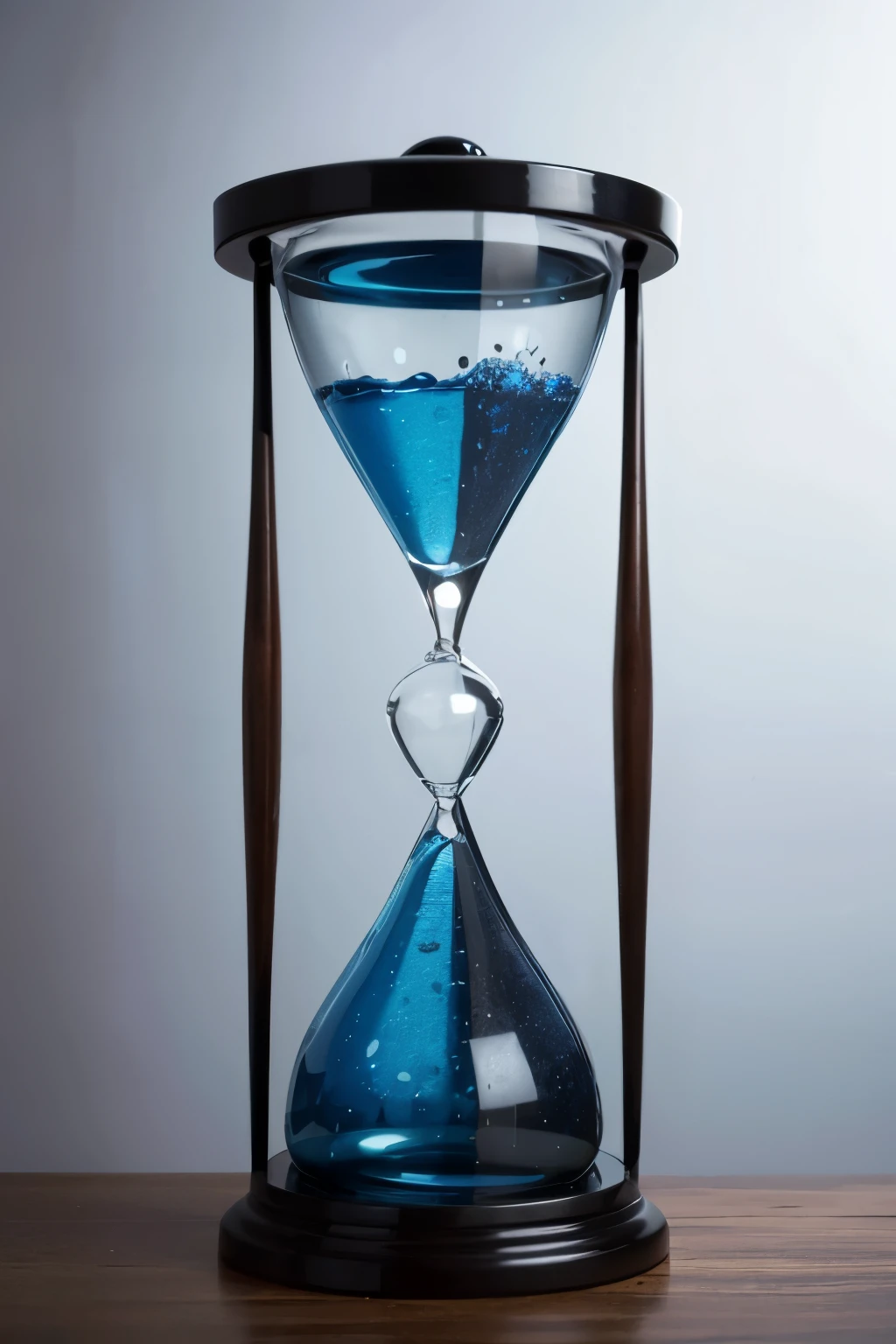 A blue glass hourglass，The hourglass has dirty clothes on top.，There is white clothing at the bottom of the hourglass