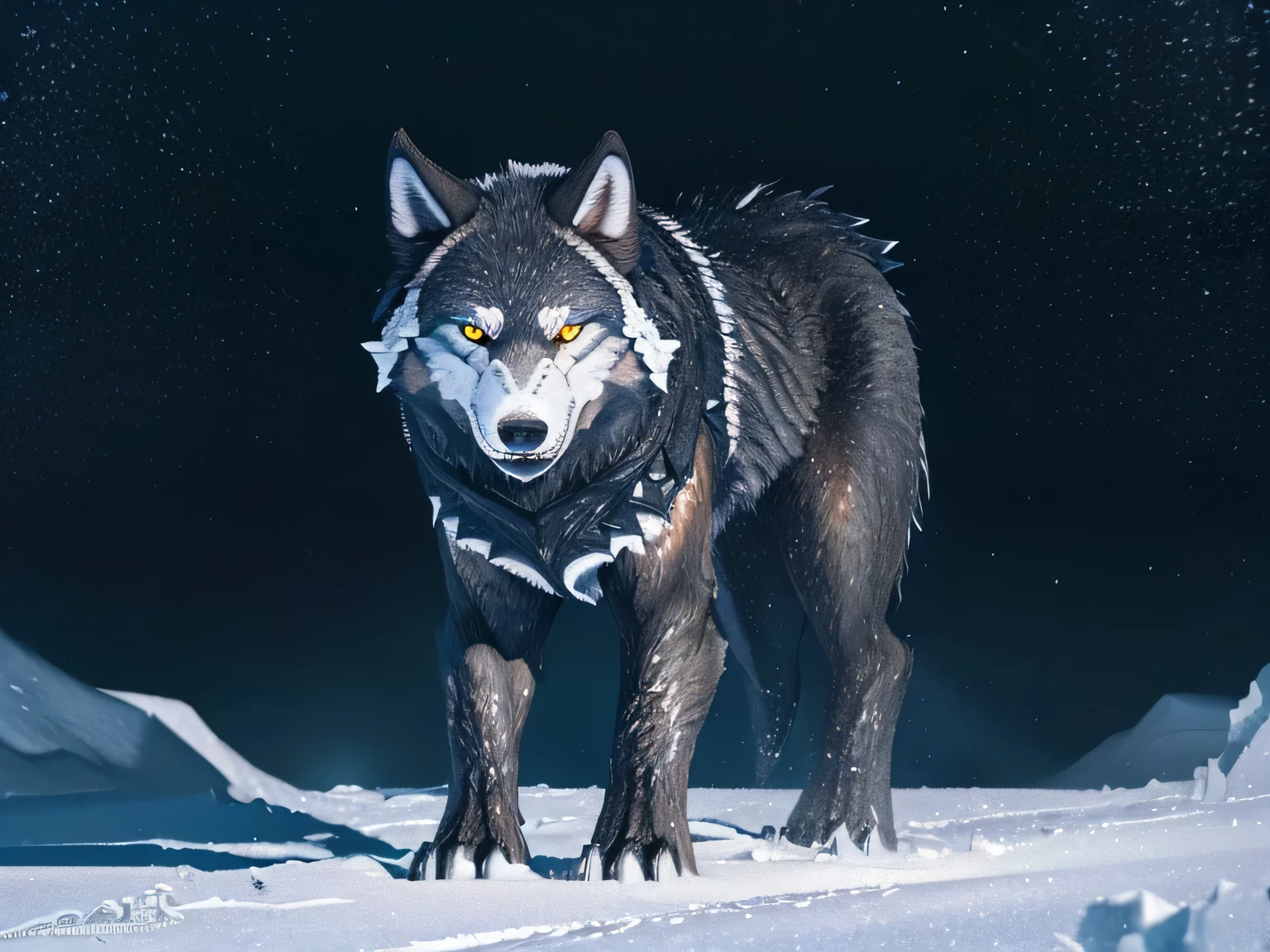 ((Fenrir:1.2)), ((One Wolf:1.2)), ((Blizzard:1.3)), ((Restrained:1.3)), ((Black body hair:1.2)), ((full view:1.1)), ((close view:0.8)), ((Snow field:1.1)), (Huge body), ((midnight:1.3)), ((Looking at viewers:1.3)),