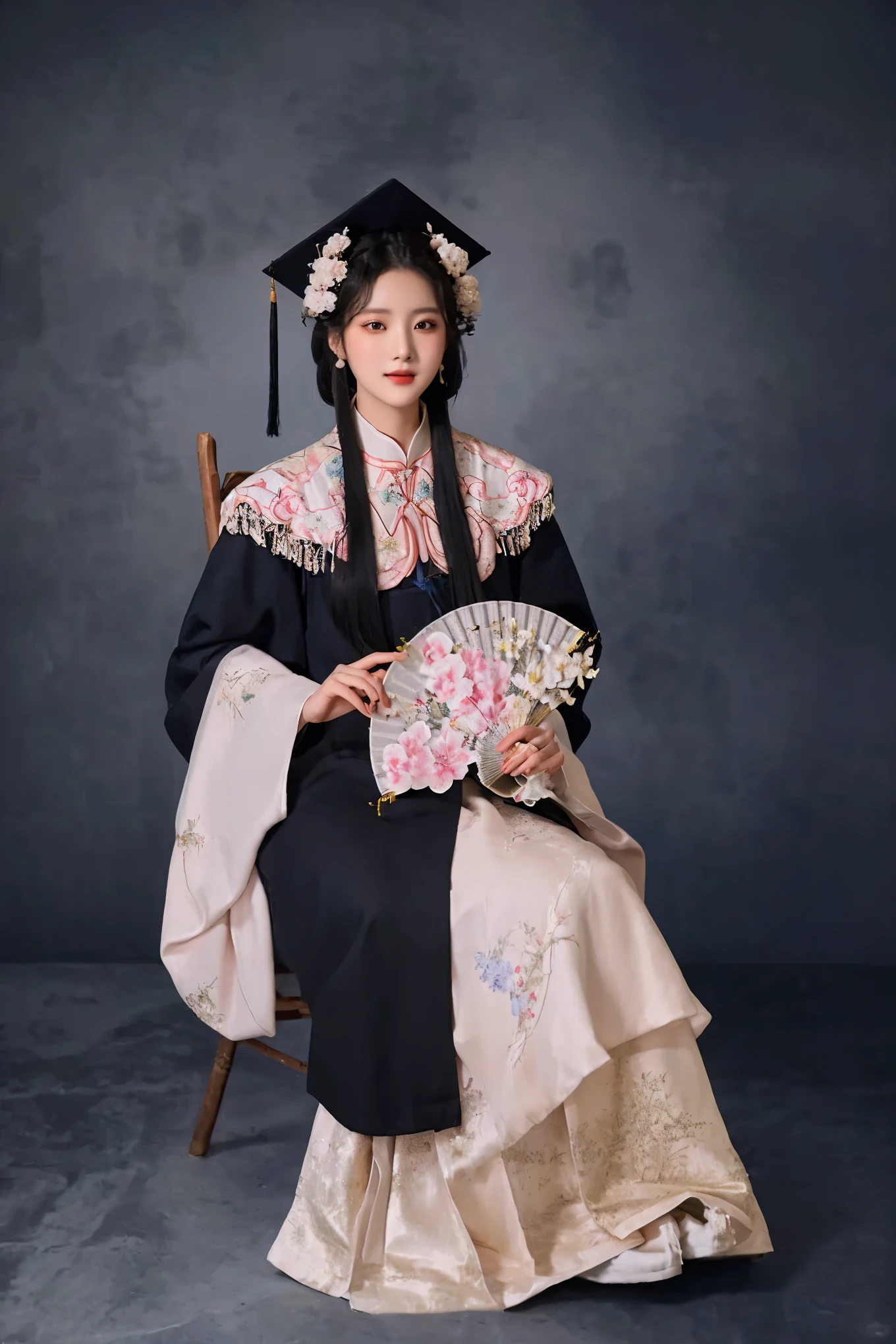 A woman in graduation gown、Close-up of woman holding fan, palace , a girl in Hanfu, , Hanfu, Wearing Chinese clothes, 穿着Chinese Clothing, Chinese Clothing, Traditional Beauty, white Hanfu, Chinese Princess, Traditional clothing, Traditional clothing