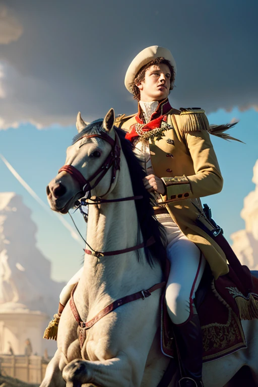 ((highest quality)), ((masterpiece)), (detailed),outside,portrait of napoleon bonaparte riding on a white horse, dramatic lighting, intense expression, semi-realistic render