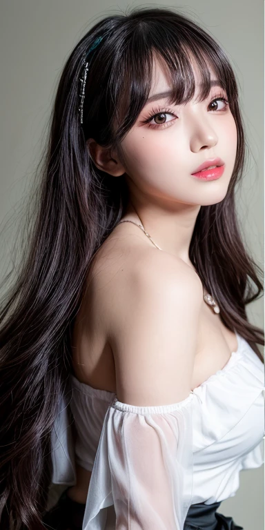 Canon RF 85mmf/1.2,masutepiece,Best Quality,超A high resolution,tu,1 girl,(Korean mixed,Kpop Idol:1.2),Solo,white_shiny_skin,Black eyes,Necklace,brown_long_Wavy_hair,Red lipstick bright_shiny_Lips,Eyelashes,Bangs,deal,make - up,shiny,Pore,skin texture,Bracelet,off shoulders,See-through,Big breasts