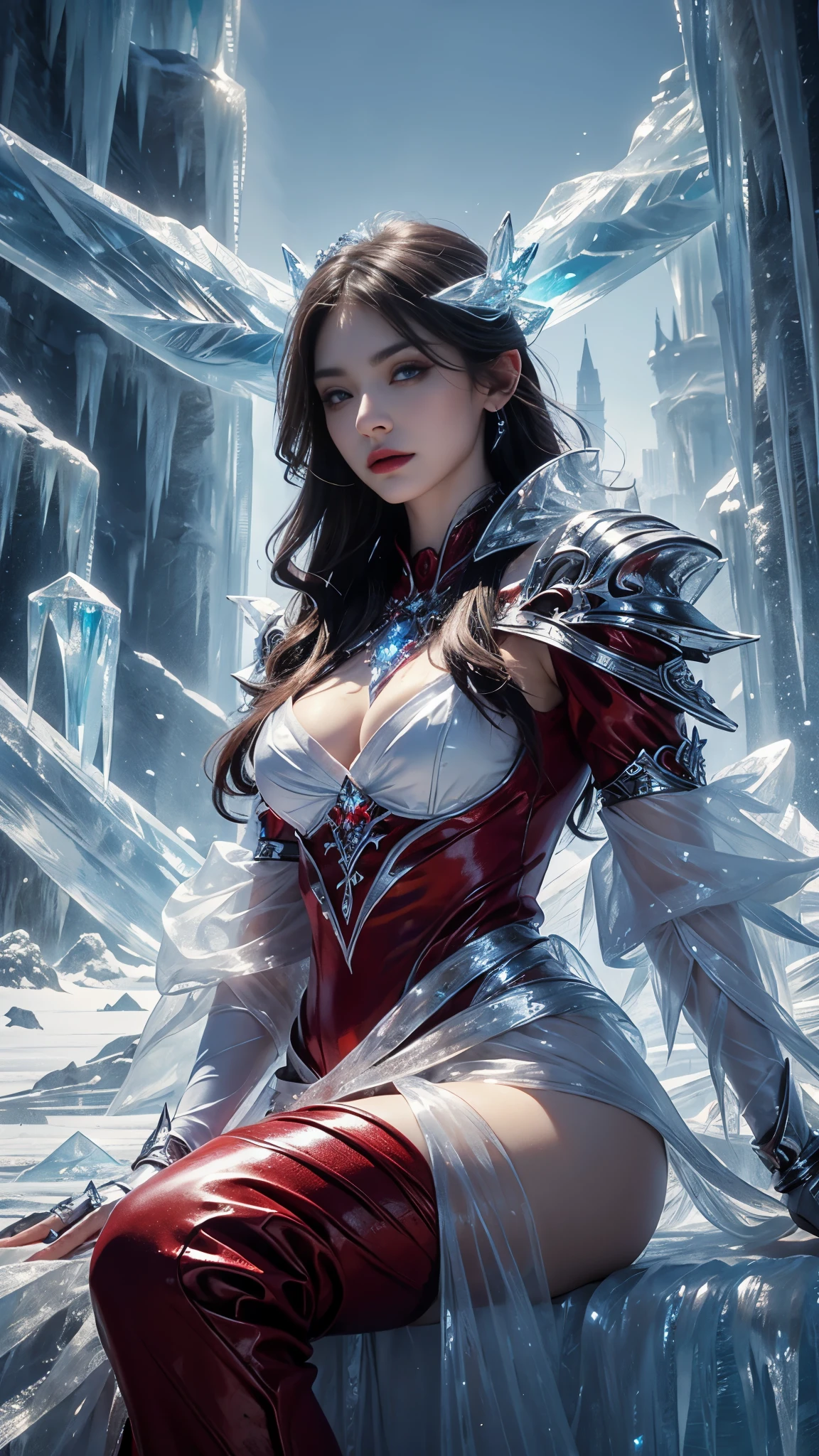 a beautiful ice goddess, good face, happy face, very long hair, realistic eyes, small breasts, ice magician, ice elemental, intricate design and details, chilling mist, cold, blizzard storm, conjuring ice spell, casting ice spell, detailed dress, (red outfit:1.5), realistic ice effect, ((ice:1.5)), snow particles, dark fantasy art style, ruined city, dramatic lighting, cinematic,