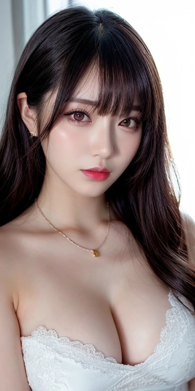 Canon RF 85mmf/1.2,masutepiece,Best Quality,超A high resolution,tu,1 girl,(Korean mixed,Kpop Idol:1.2),Solo,white_shiny_skin,Black eyes,Necklace,brown_long_Wavy_hair,Red lipstick bright_shiny_Lips,Eyelashes,Bangs,deal,make - up,shiny,Pore,skin texture,Bracelet,off shoulders,See-through,Big breasts