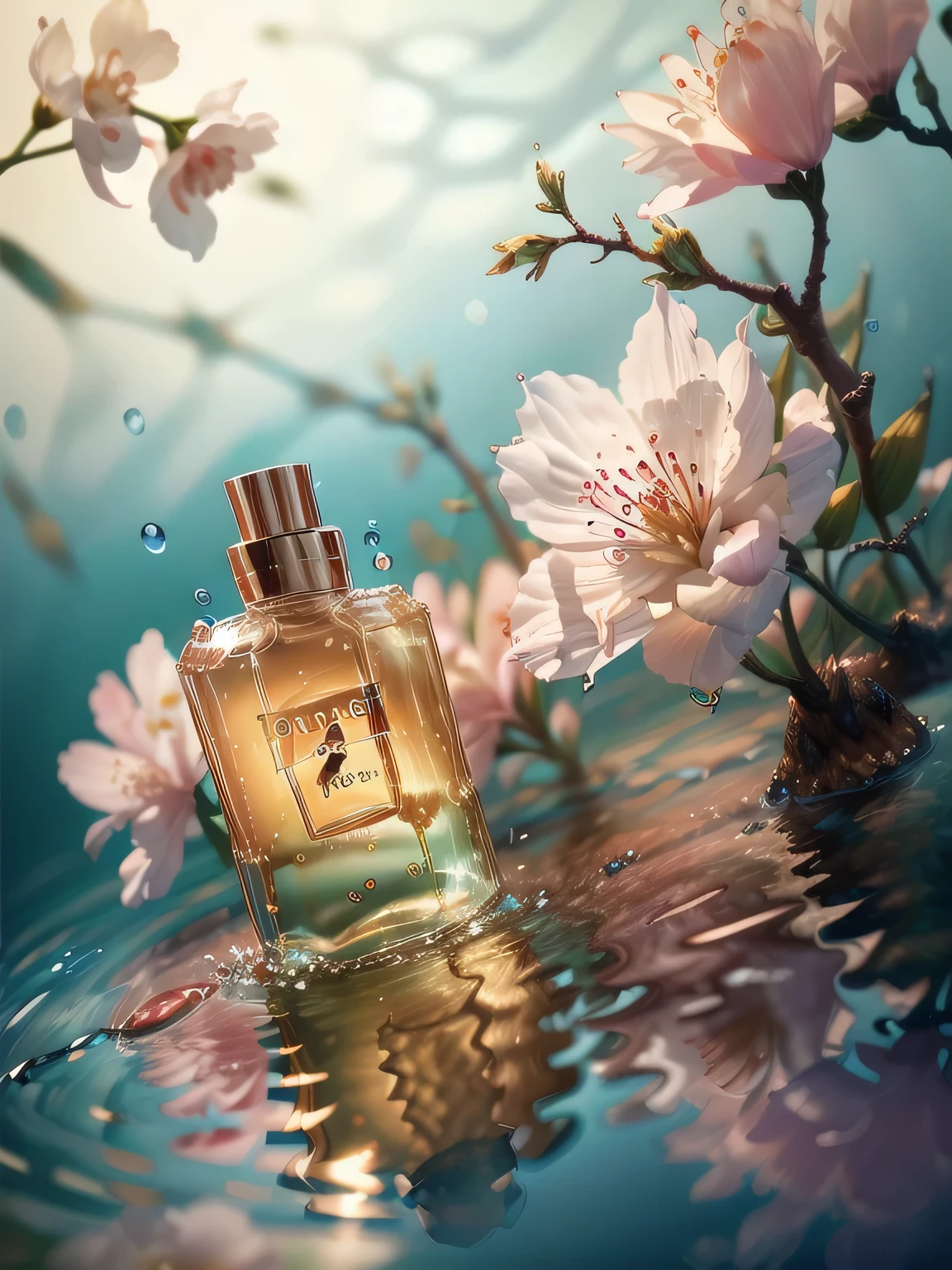 (super realistic scene), cosmetic bottle, cherry blossom background, water, ((shot from a low perspective angle: 1.5)), Product Rendering, HD 8К, ultra detailed, luxury commercial photography, Gucci and Chanel cosmetics, ((no people, product only: 1.3))