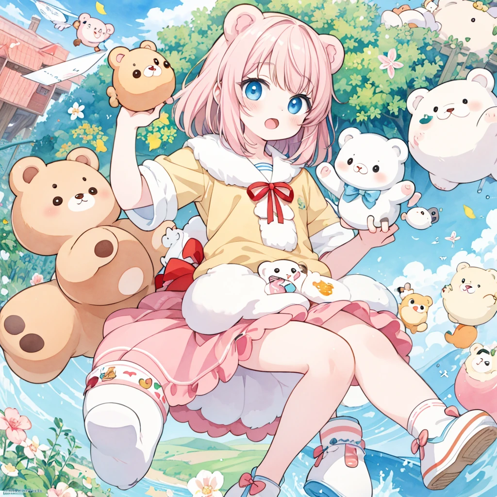 masterpiece, best quality, absurdres, illustration, watercolor,
1 bear, anime character, kawaii, cute, mascot character, fuwafuwa,
postcard,