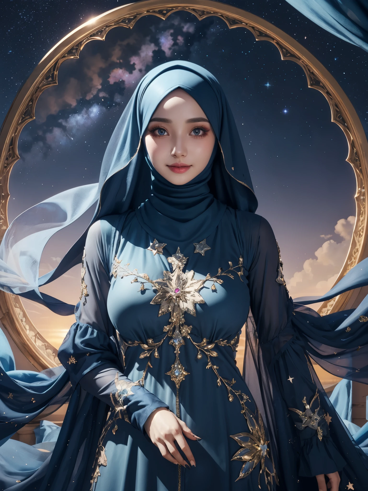 girl wearing summer dress, BREAK, 1girl, luminescent dark blue comfy dress, radiant shiny accent, colorful, vibrant, detailed face, bright natural light, (celestial hijab decorated by stars:1.4), mesmerizing cosmic, ethereal beauty, cinematic angle, long floating shawl, full breasts, veil, small face, gigantic breasts, 