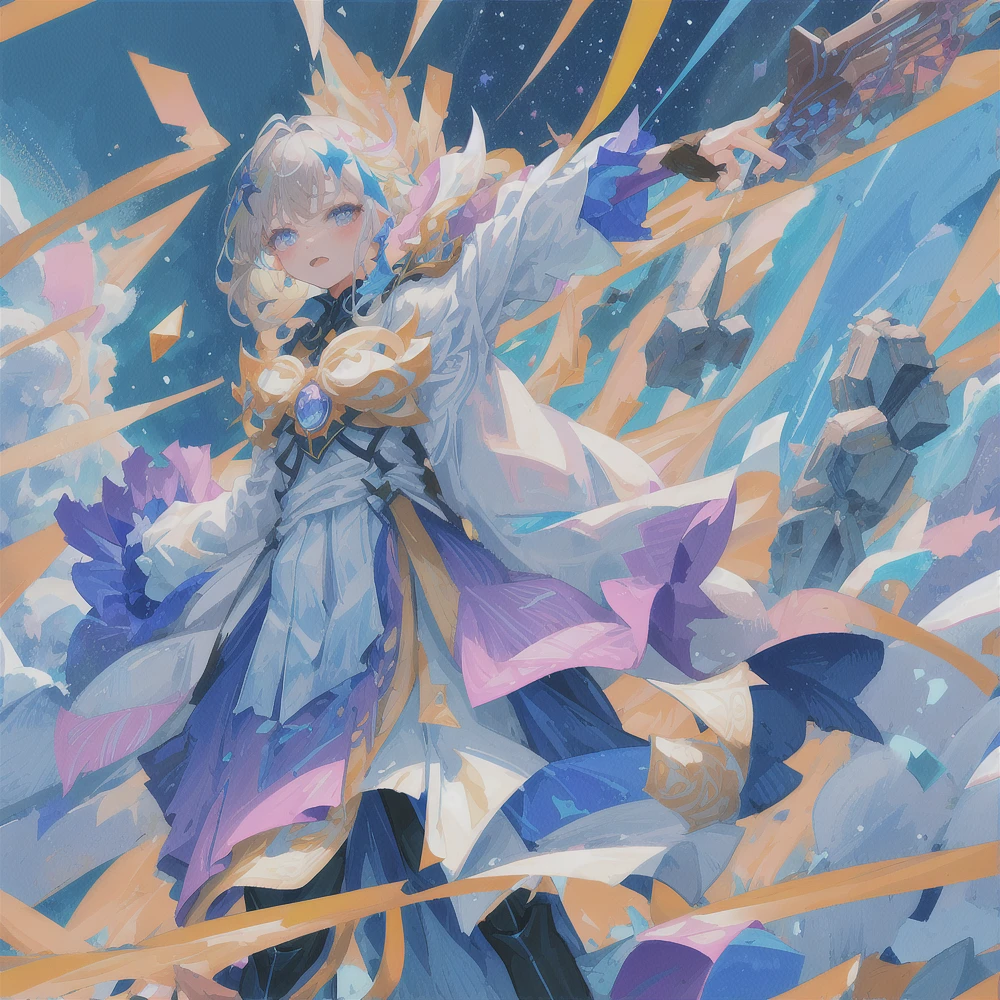 One girl, The Guardian of the Cosmic Tower stands alone as a pillar of strength and iron, her complexion timeless gray, surrounded by an ethereal gray aura of swirling energy orbs in pastel hues. Her gray eyes burst with ancient wisdom, while sparks of cosmic lightning dance within their irises. Her jet-gray hair, thick and powerful like an iron tower, seems woven with stars, radiating a mystical glow. Softly colored energy orbs mingle with their glow, evoking fragments of a starry sky. She wears a heavy robe reminiscent of ancient obsidian rocks, tinted with pastel shades reminiscent of the aurora borealis. Her majestic aura blends the brilliance of the stars with the force of galactic storms, creating a dazzling celestial spectacle.