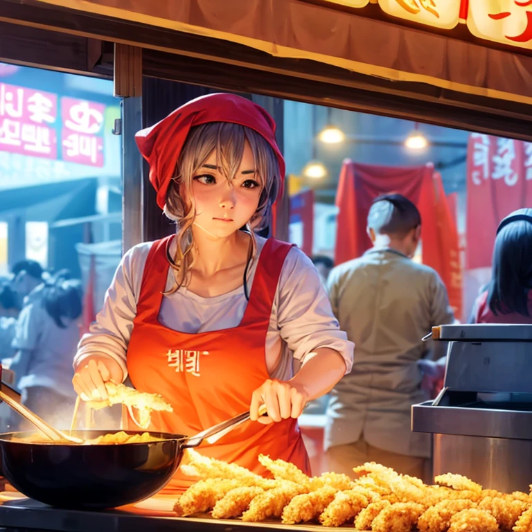 A woman with a towel wrapped around her head making a large amount of tempura at a night market in Korea highest quality Wearing an apron