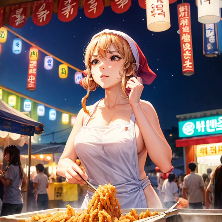 A woman with a towel wrapped around her head making a large amount of tempura at a night market in Korea highest quality Wearing an apron