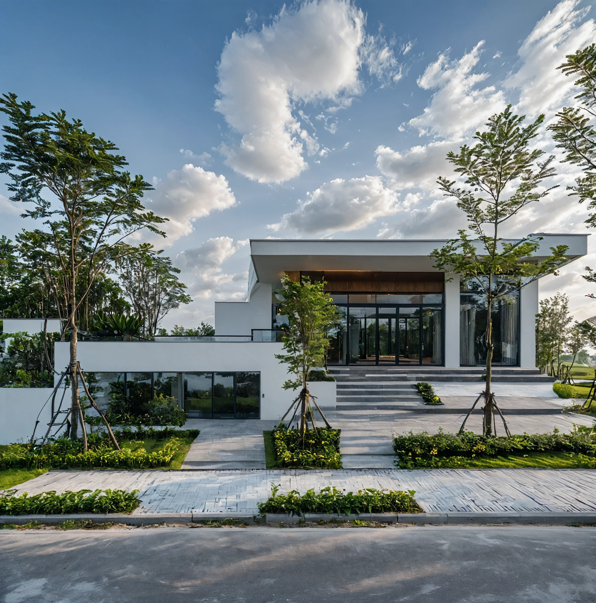 Raw photo,Masterpiece, high quality, best quality, authentic, super detail,
outdoors, house style modern,bietthuhn, white wall, glass windows, gate
road,pavement, grass, trees, sky, cloud, (day:1.1),