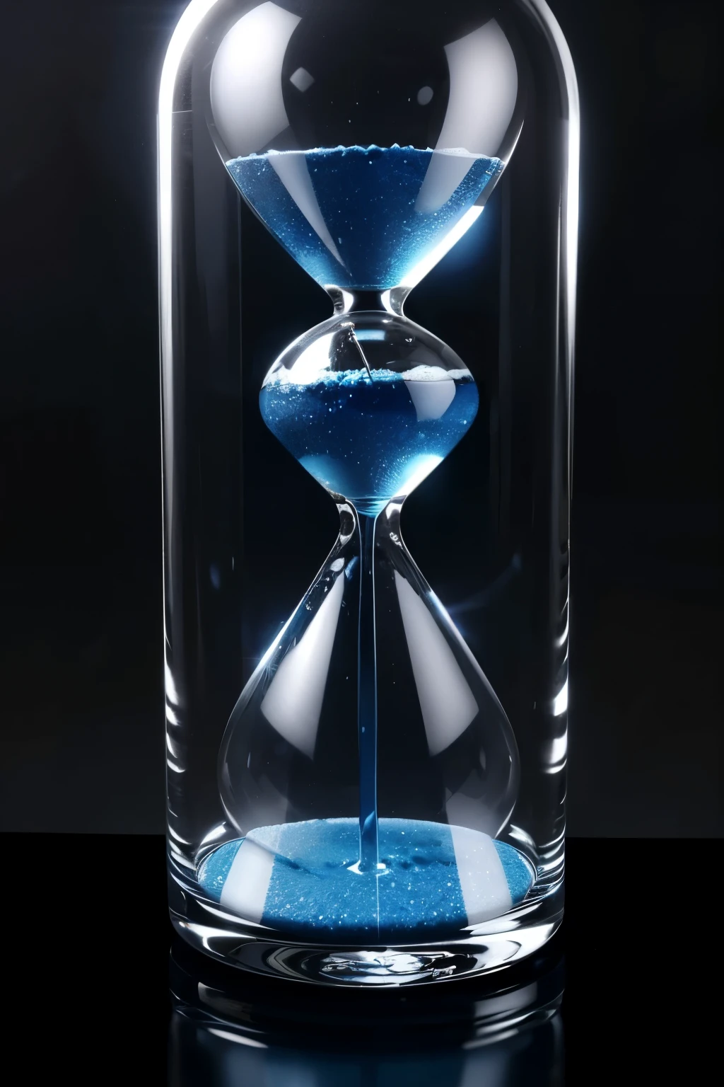 An hourglass filled with blue liquid glass，Background gray