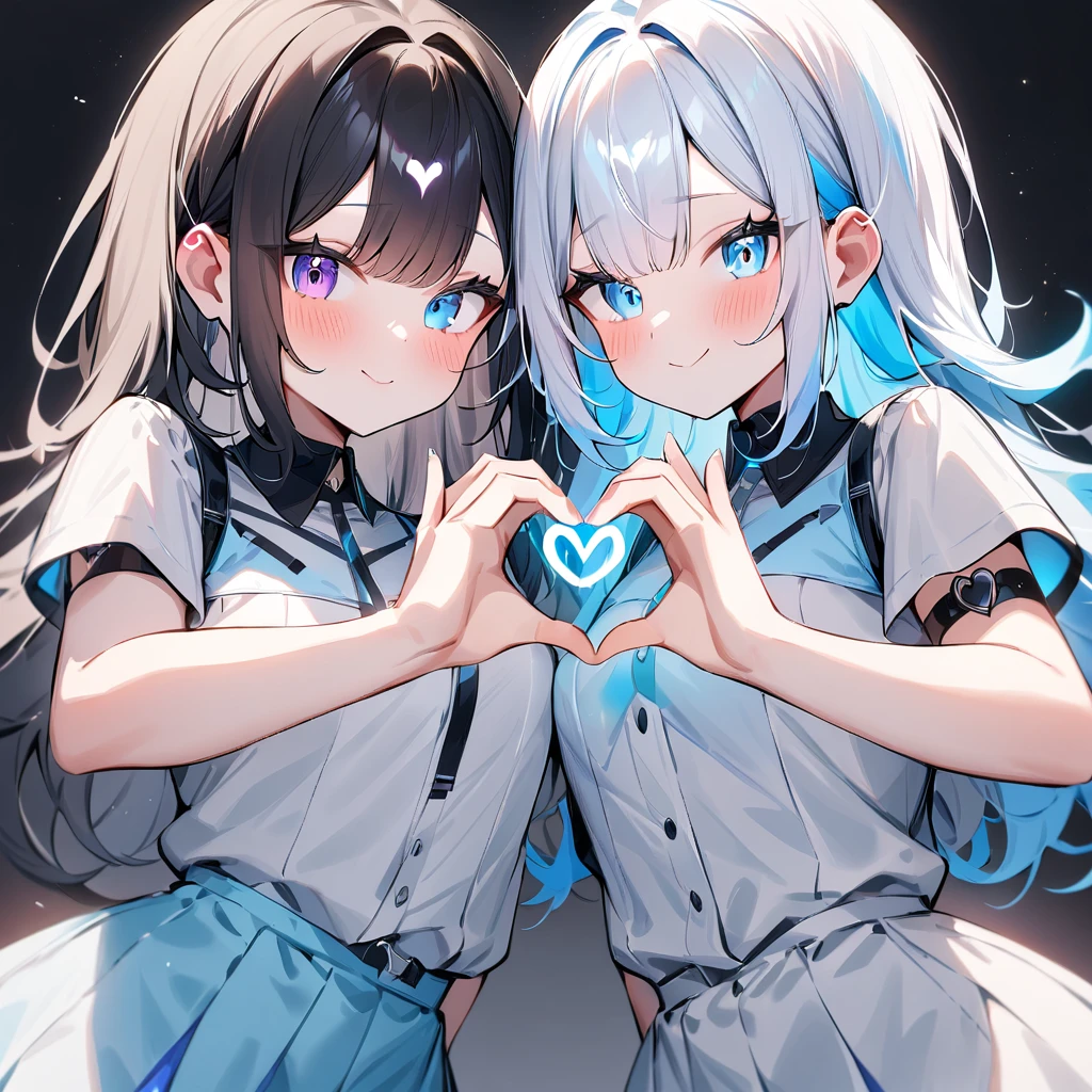 {{2girls}},masterpiece,best quality,very aesthetic,absurdres,cowboy shot,lightcolor,darkcolor,(heart_hands_duo:1.5),light hair,dark hair,White hair,light  blue hair,light  blue eyes,Lovely,🏩,translucent hair