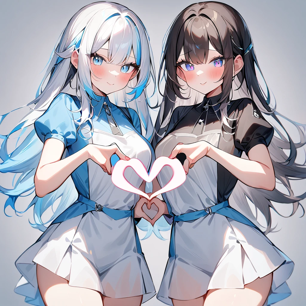 {{2girls}},masterpiece,best quality,very aesthetic,absurdres,cowboy shot,lightcolor,darkcolor,(heart_hands_duo:1.5),light hair,dark hair,White hair,light blue hair,light blue eyes,Lovely,🏩,translucent hair