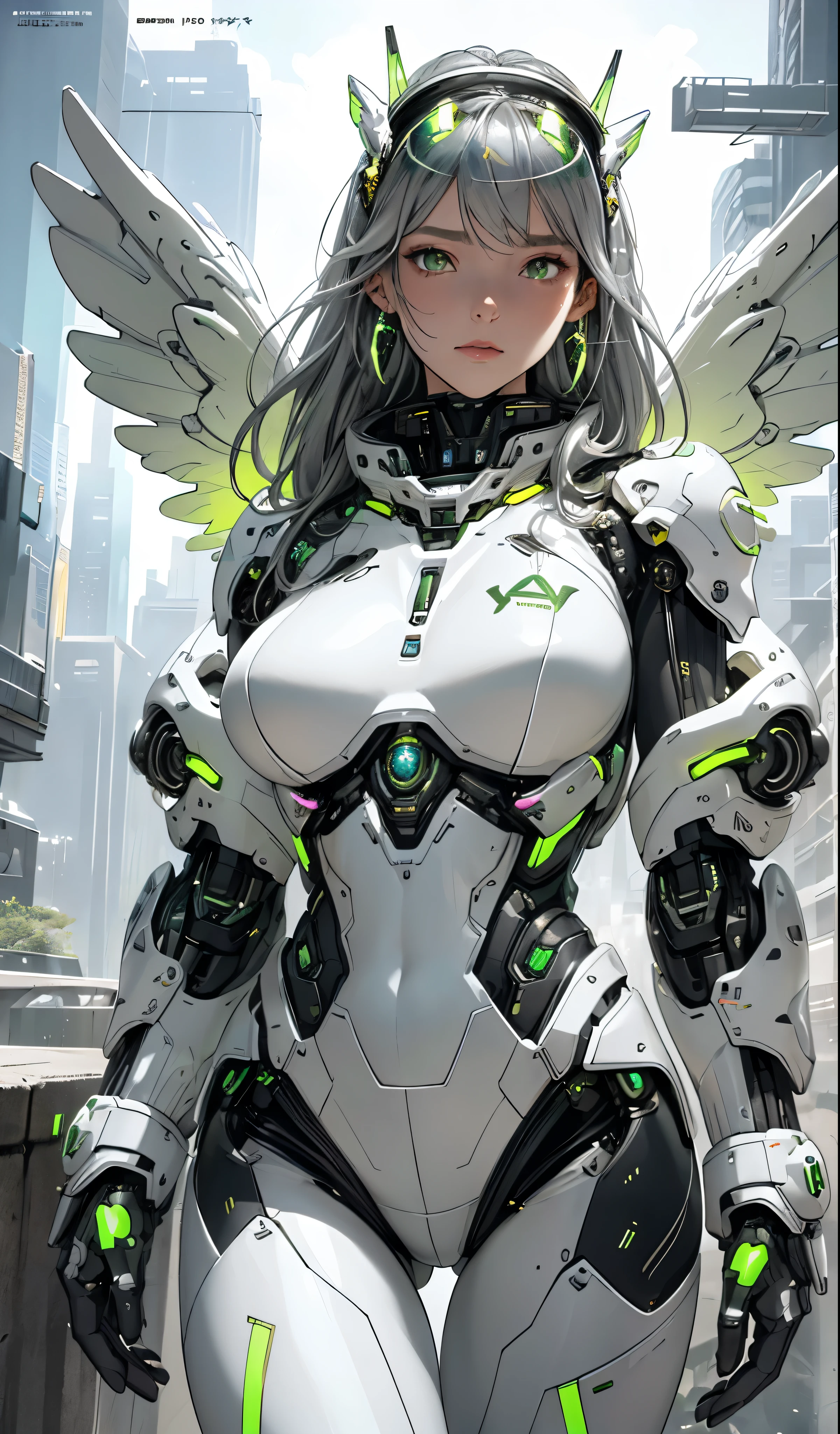 masterpiece, (best quality), (Extremely detailed), (Surreal:1.2), landscape, Science Fiction, Transistor Punk, Cyberpunk, biopunk, (magazine cover:1.4), (grey, White), Female giant robot, Sun Visor, earrings, mechanical Angel Wings on the back, Angel Wings, space, universe, galaxy, Future Castle, Dynamic poses, Dynamic Angle, Small Breasts, Luxury, (Kaneko, silver, green), neon