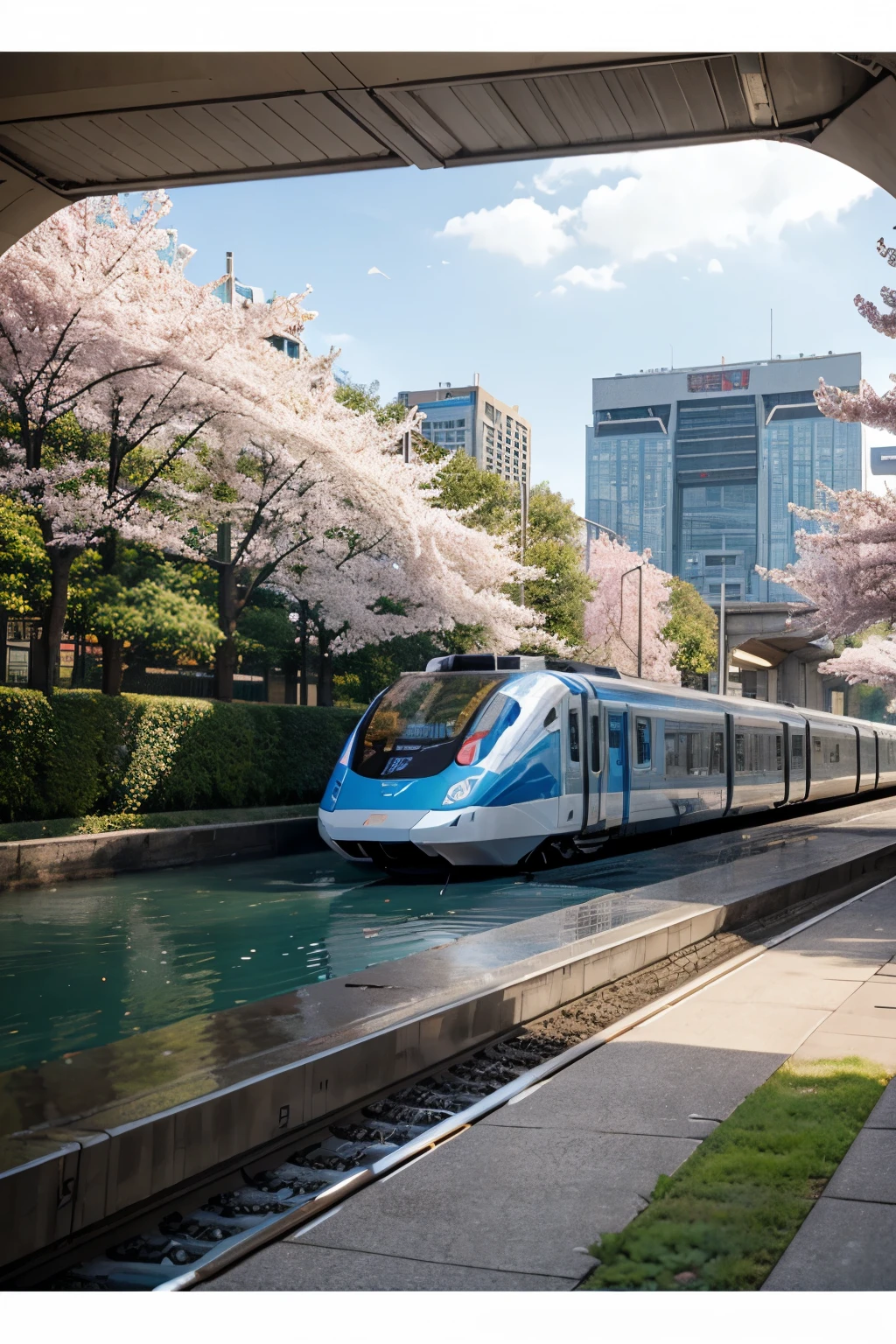 )(master part, best quality), )(Blue Maglev Train Pixel Coming Out Of A Tunnel), Cherry blossom at the top of the tunnel, (Lake with futuristic city with tall buildings in the background), barcos no lago, Estilo de 8 bits, dia,Moving Forward Train, escala 1920 x 1080, Pixel Art, perfet de pixel, (Pixel Art)