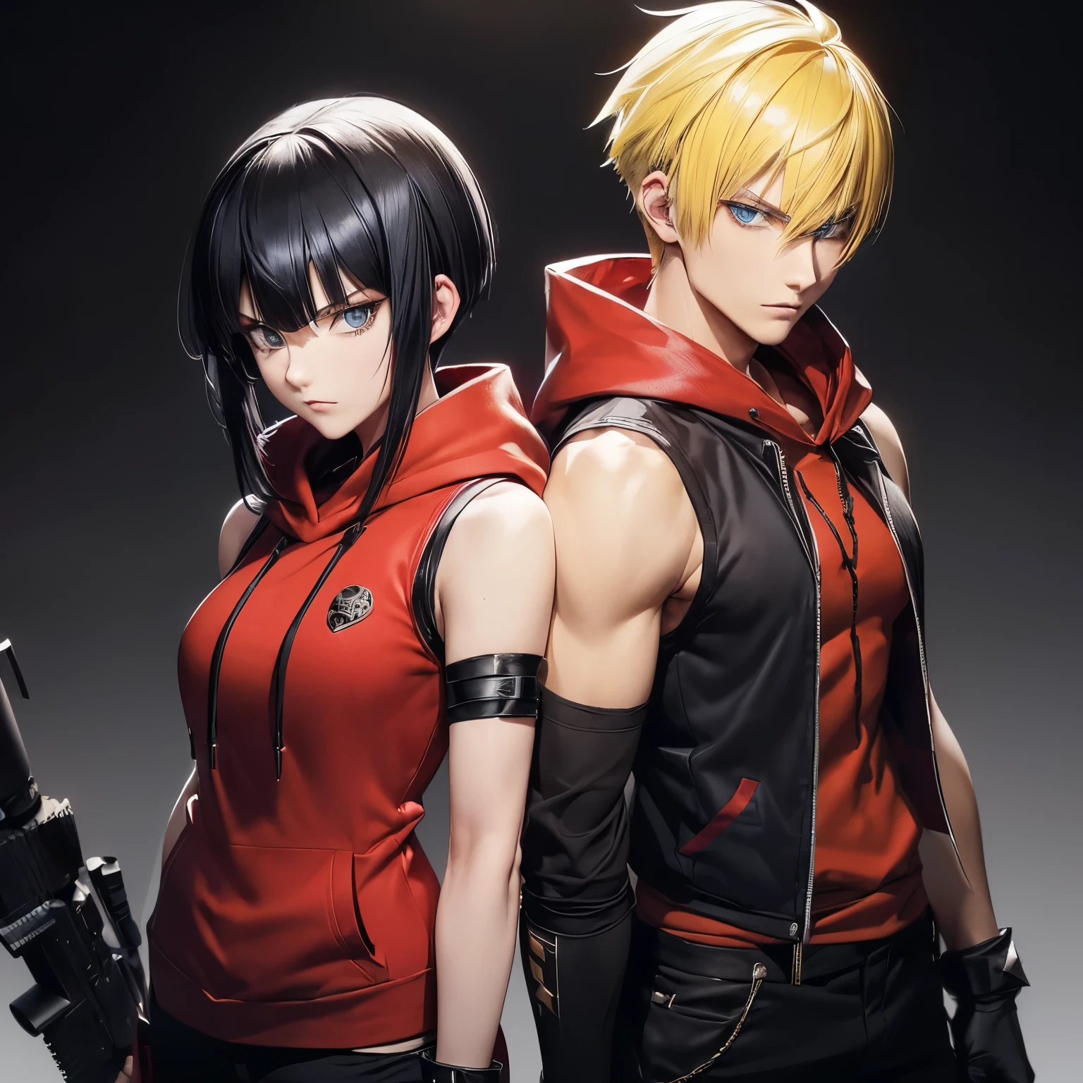 ((Couple)), ((26 years old, male with Yellow hair, Blue eyes, Spiky hair)). 

((26 Years Old, female with Black Hair, Hime Cut, Bang)),, ((red scarf)), ((red hoodie vest)), ((sleeveless)), ((black pants)), ((black gloves)), ((Sniper)), slim, up to legs, intimidating aura