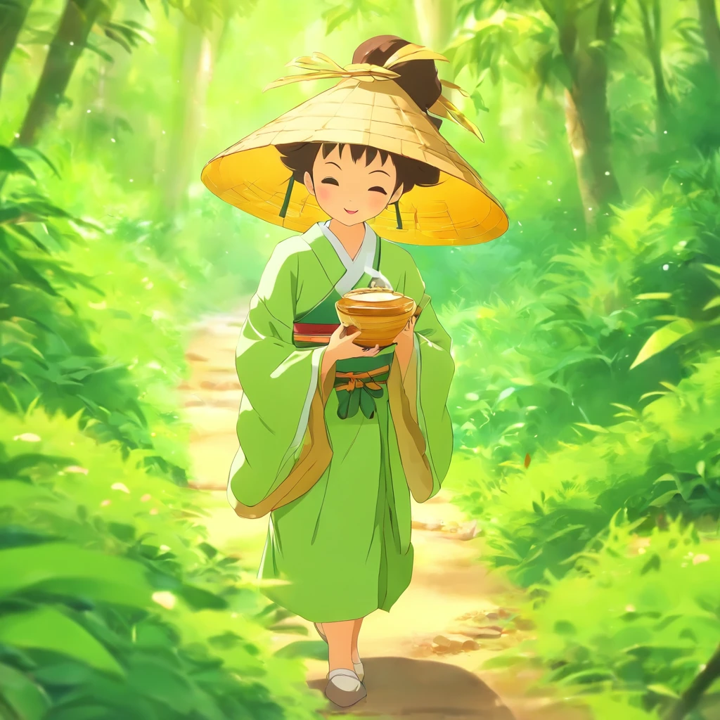 【illustration】A girl picking tea（The composition of the characters is small）。Beautiful and cute tea picking girl（traditional student clothing），Go to tea mountains to pick tea；Carrying a small bamboo basket，Wearing a straw hat。Tea picking girl；Tea plantation in the background，Yunshan is far away。hyper HD, retinas, tmasterpiece, Acura, Anatomically correct, Award-Awarded, high high quality, high detal, super detailing, ctextured skin, Best quality, A high resolution, 1080p, k hd, 4K, 8K, 16k。