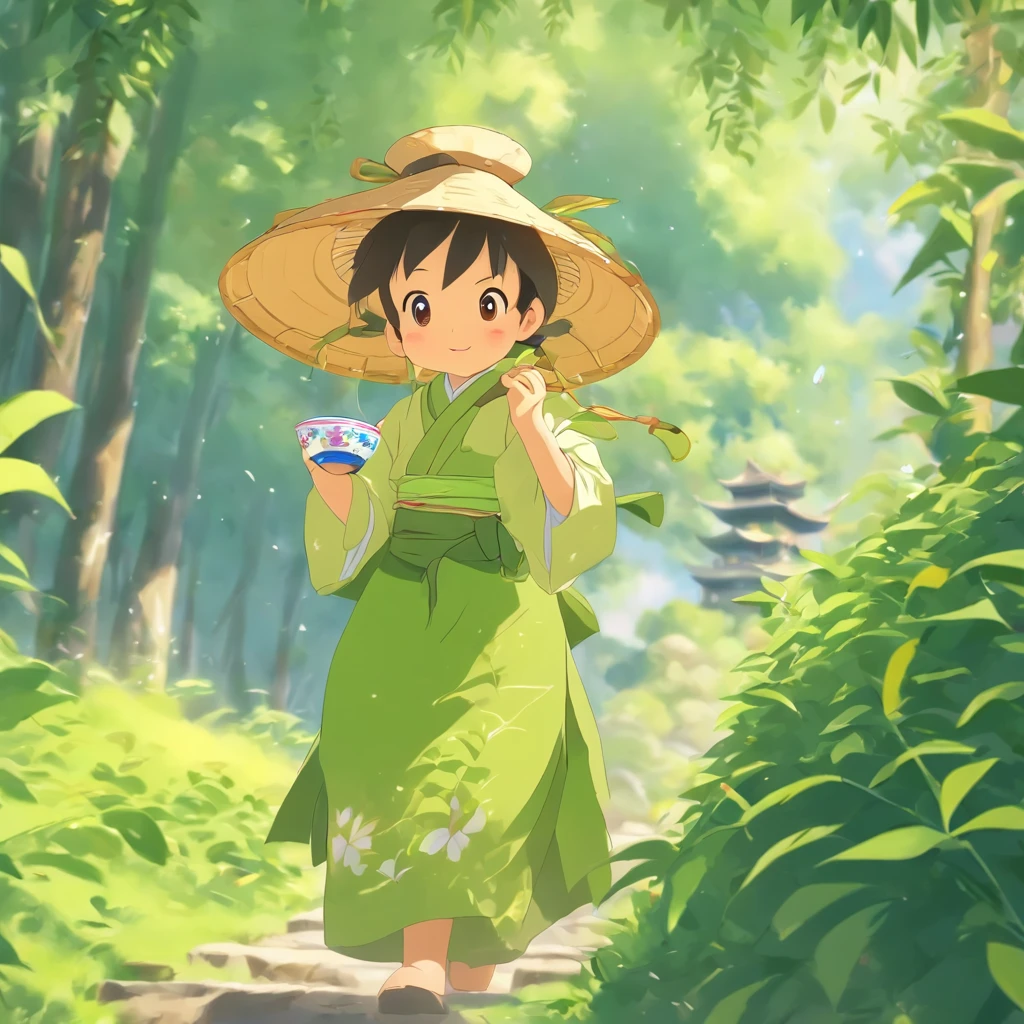 【illustration】A girl picking tea(The composition of the characters is small)。Beautiful and cute tea picking girl(traditional student clothing),Go to tea mountains to pick tea;Carrying a small bamboo basket,Wearing a straw hat。Tea picking girl;Tea plantation in the background,Yunshan is far away。hyper HD, retinas, tmasterpiece, Acura, Anatomically correct, Award-Awarded, high high quality, high detal, super detailing, ctextured skin, Best quality, A high resolution, 1080p, k hd, 4K, 8K, 16k。