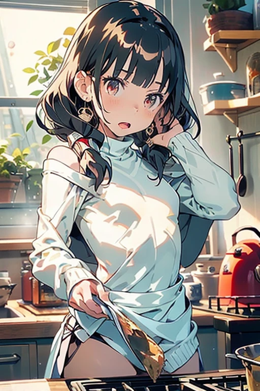 masterpiece, yor, 1girl, Bust A Cup, Amazing Cleavage:1.0, thin waist, big ass, Raised sexy, small breast: 1.2 posed cleavage:1.2、solo, looking at viewer, open mouth, have a cute grass of cute beergrass,black hair, red eyes, dress, bare shoulders, jewelry, collarbone, sidelocks, hairband, earrings, indoors, off shoulder, :o, sweater, arms behind back, plant, short hair with long locks, white hairband, off-shoulder dress, sweater dress, off-shoulder sweater, red sweater, big side hair, very long side hair,is rendered in (masterpiece: 1.2, best quality), with (ultra high resolution) and an exquisite (depth of field). This masterpiece is not only visually stunning but also tells,A scene of cooking in the kitchen