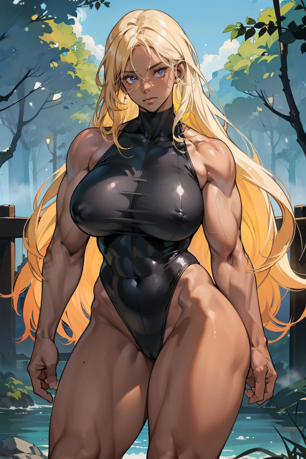 (((((1 dark skinned girl, Muscular))))), ((Thick thighs, Very large breasts, Very long hair、Strong body、全naked), Blonde, alone, Glowing Skin, It was foggy, 全naked ,Bridge pier, Bristles,Are standing、Big body women、naked,Strong body、pubic hair,Muscular in the forest,Composition from the front,Muscular and wide hips,Muscular and wide torso,A muscular, wide body,Thick, muscular arms,Thick, muscular legs,Muscular and broad shoulders,Bodybuilder,nakedの美しい女性,Large Breasts,Long and saggy breasts,,Deep purple eyes,Woman with beautiful face,Expressionless,,,Strong Woman,Directly in front of the viewer,leotard,,,,,,