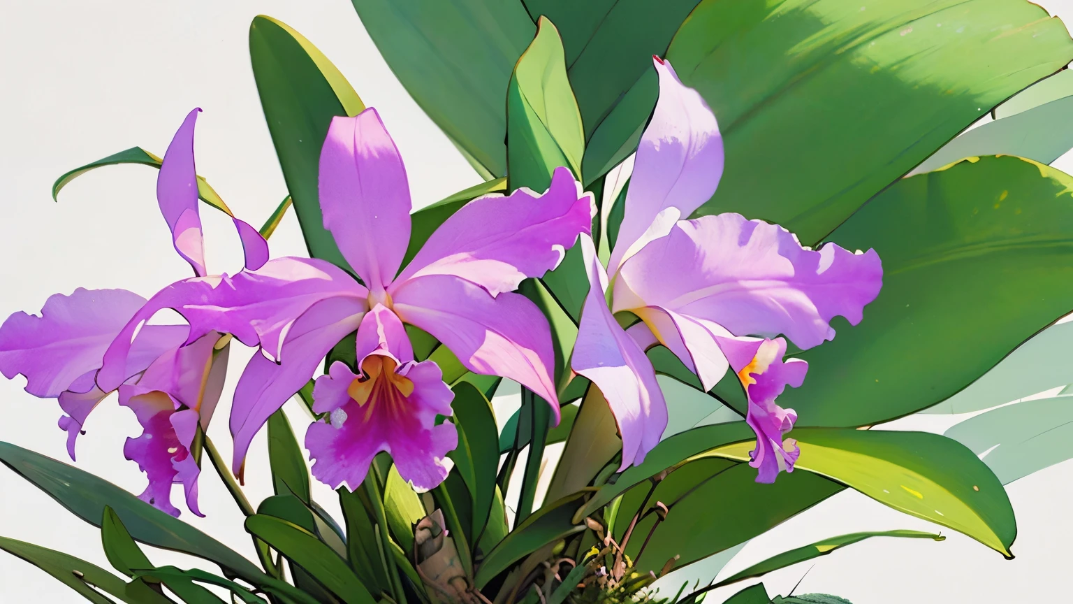 (masterpiece, highest quality:1.2), (cattleya, solo, 3-flowers, close-up, full body, full bloom, garden, nature, habitat )、Soft Focus、Watercolor style、Blur the background、White background、
