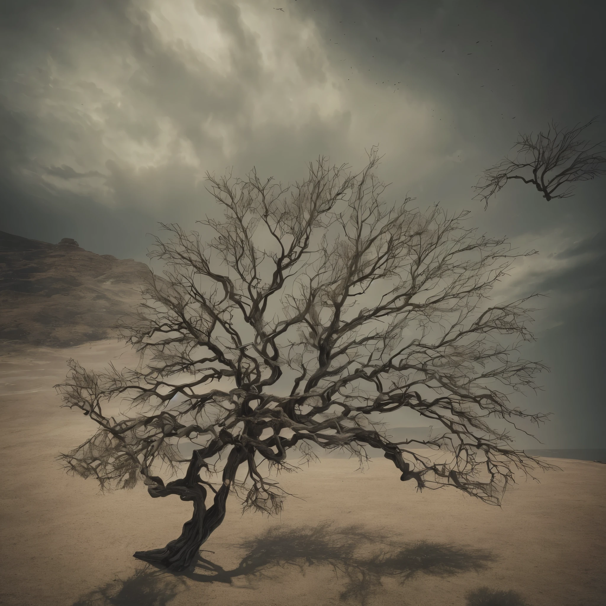 Aerial top view A Twisted dry trees growing branch, zen master in the dry earth, cinematic dark atmosphere, depth of field, Surrealism, high detail, Cubist Futurism, Minimalism, Realism, sculpture, Contemporary art, Hyperrealism, Tonalism, motion blur, cinematic lighting, backlighting, glowing light, masterpiece, ccurate, anatomically correct, textured skin, super detail, high details, award winning, 8k