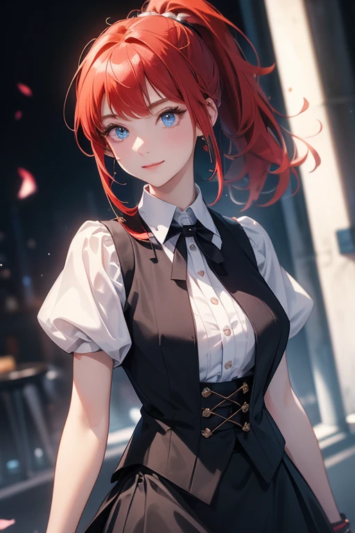 (8k, highest quality, Tabletop:1.2)、Ultra-high resolution、One -yeld gi Perfect Fingers, Detailed face, smile, blue eyes, Red hair, ponytail, White blouse, Black vest, White Skirt, In town, Stand with your arms crossed