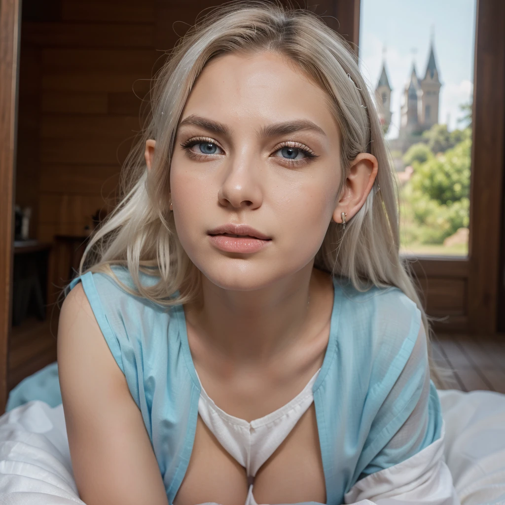 (best quality, high quality, detailed:1.2), frontal photography, long hair elf queen, named Glandruil, young woman, very long hair, absurdly long hair-white hair, light blue eyes, white eyebrows, white eyelashes, long pointed ears, white royal robe, thigh-revealing short robe, beautiful legs, vibrant colors, castle, detailed scenery, detailed hair, detailed eyes, detailed facial features, photo album, various postures, various expressions, various angles shots, various photo poses, various camera views, various emotions, various photography techniques