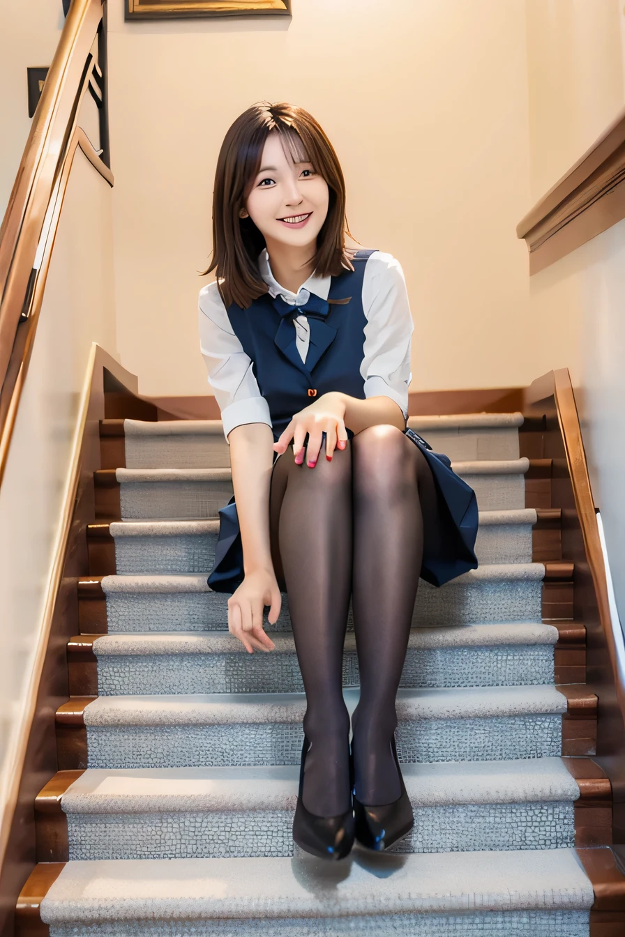Ulzzang-6500-v1.1, (RAW Photos:1.2), (Realistic), (Genuine:1.4), 1girl、Perfect Anatomy、Sit on the stairs、Full body photo、Looking into the camera、black tights、pumps、Knee-length skirt、Black Hair、smile、Plaid vest、、