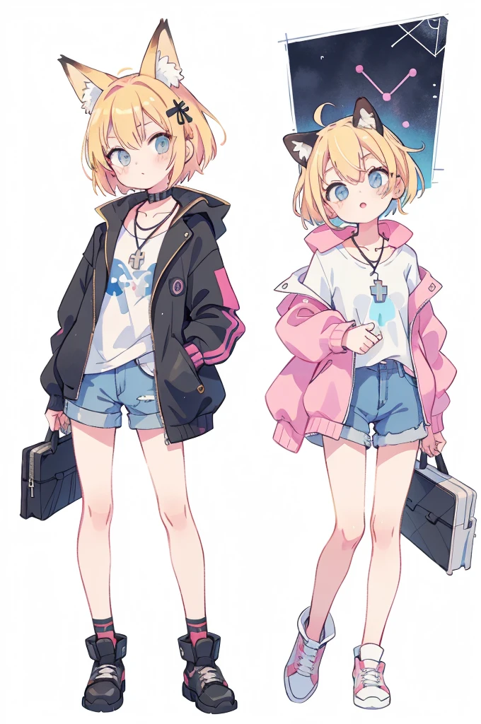 watercolor (Ease):1.35,Splash of Color,rich and colorful,Flat Color,// whole body,White background,Hair accessories,Simple background,cube Hair accessories,Blonde Hair,1 girl,Bangs,high quality,Cyberpunk,Gears of the machine,Quantum punk,Nano punk,
masterpiece,最high quality,(((Onyx Theme))),(Perfect onyx),(1 girl),chili,Fox ears、Transparent pink short hair,Simple background,Head tilt,Albinism,[watercolor],Necklace,oversized jacket、Hot Pants